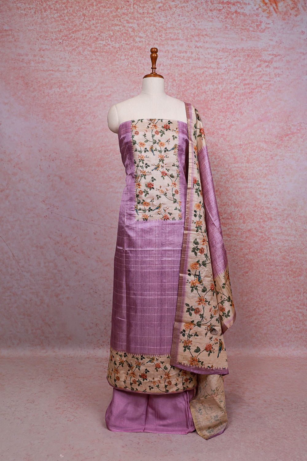 Light lavender Semi Silk Printed Unstitched Churidhar Material
