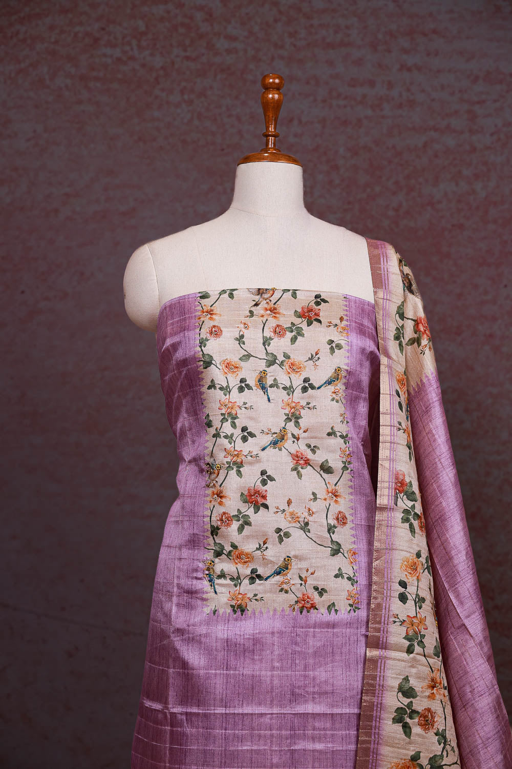 Light lavender Semi Silk Printed Unstitched Churidhar Material