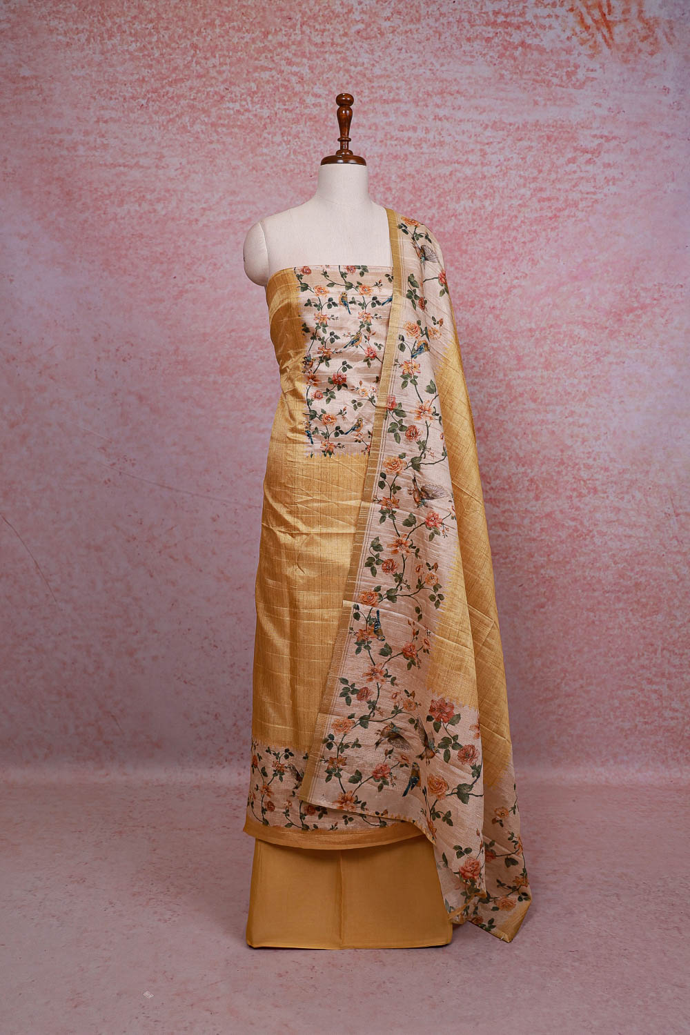Golden Yellow Semi Tussar Printed Unstitched Churidhar Material