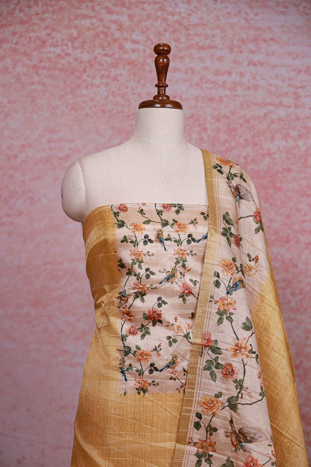 Golden Yellow Semi Tussar Printed Unstitched Churidhar Material