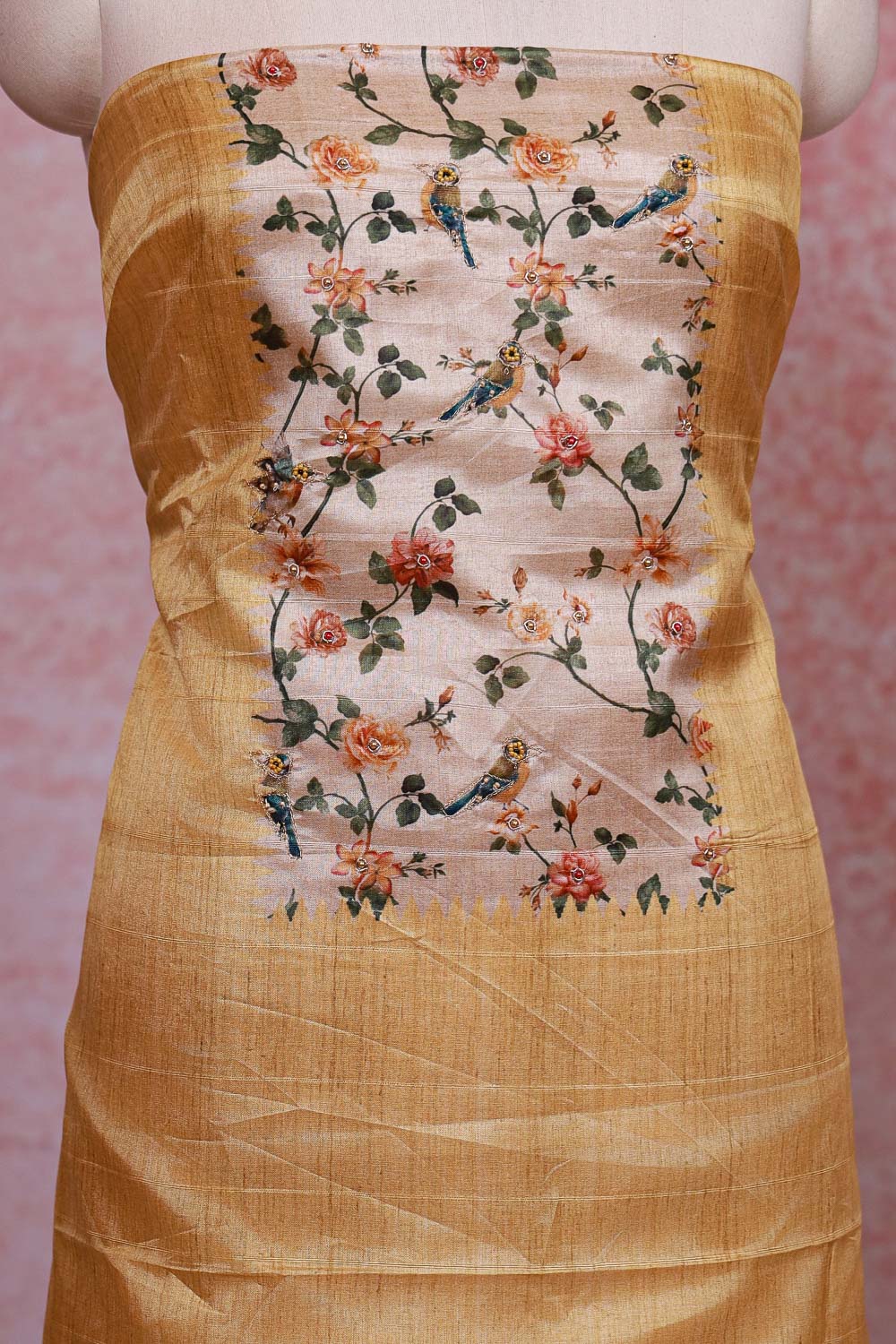 Golden Yellow Semi Tussar Printed Unstitched Churidhar Material