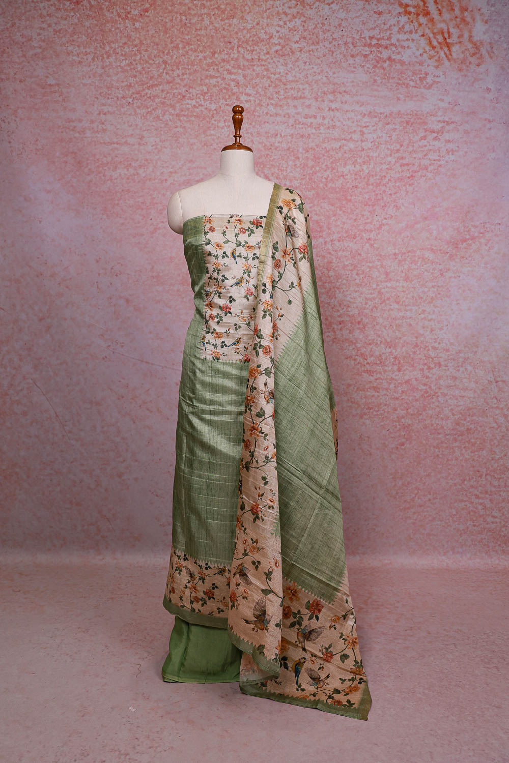 Pista Green Semi Silk Floral Printed Unstitched Churidhar Material