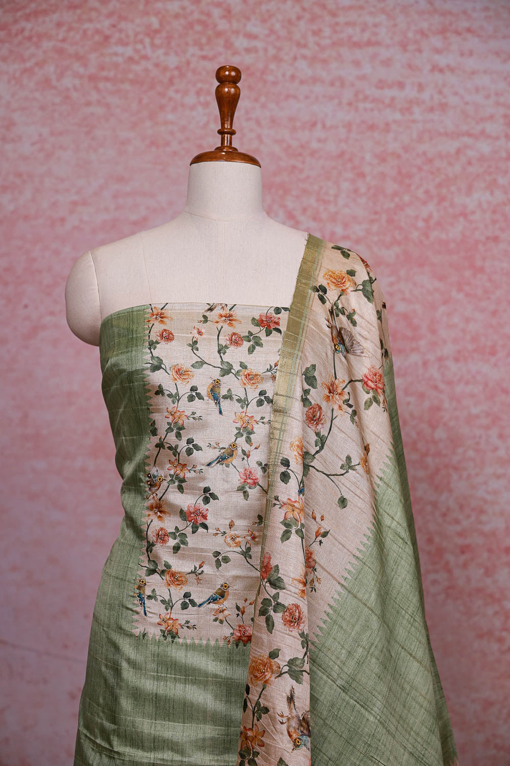 Pista Green Semi Silk Floral Printed Unstitched Churidhar Material
