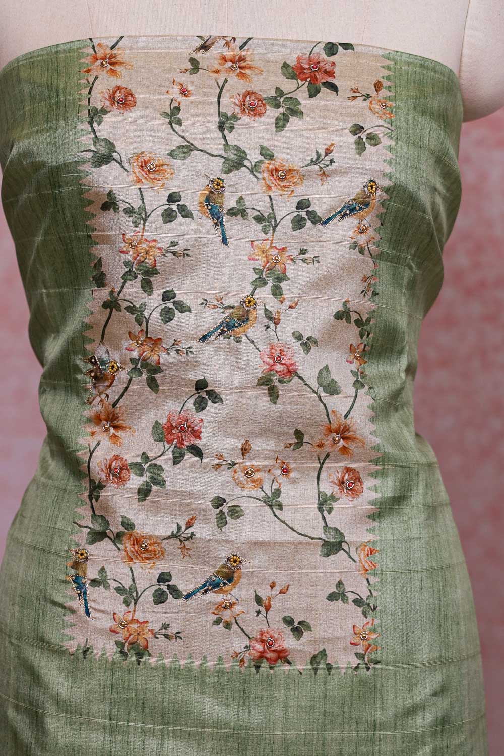 Pista Green Semi Silk Floral Printed Unstitched Churidhar Material