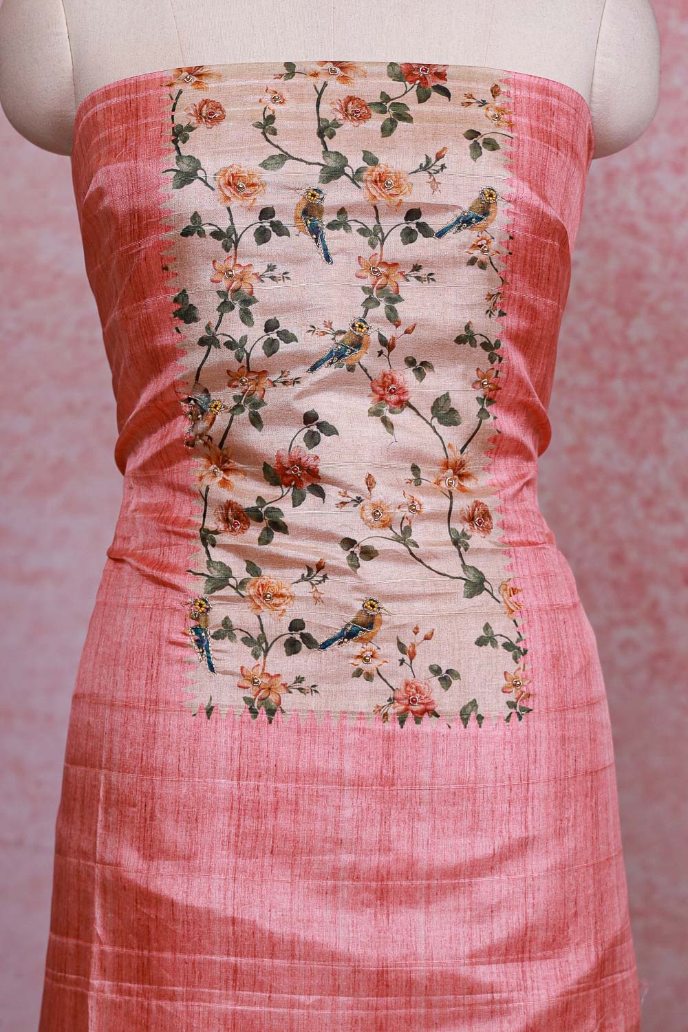 Pink Semi Silk Printed Unstitched Churidhar Material