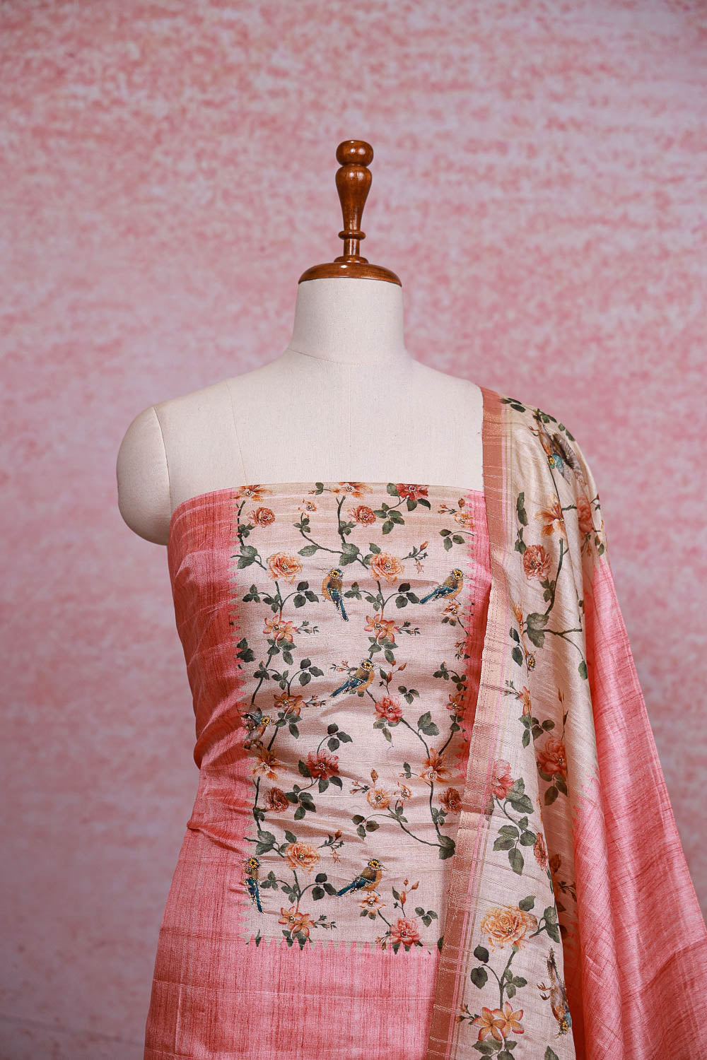 Pink Semi Silk Printed Unstitched Churidhar Material