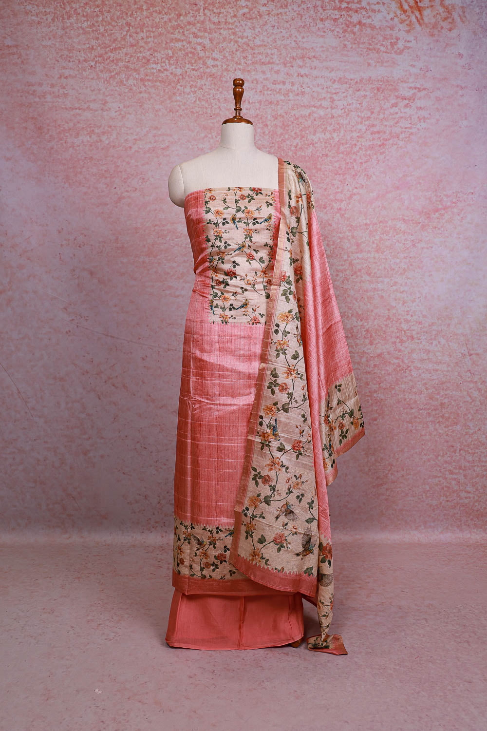 Pink Semi Silk Printed Unstitched Churidhar Material