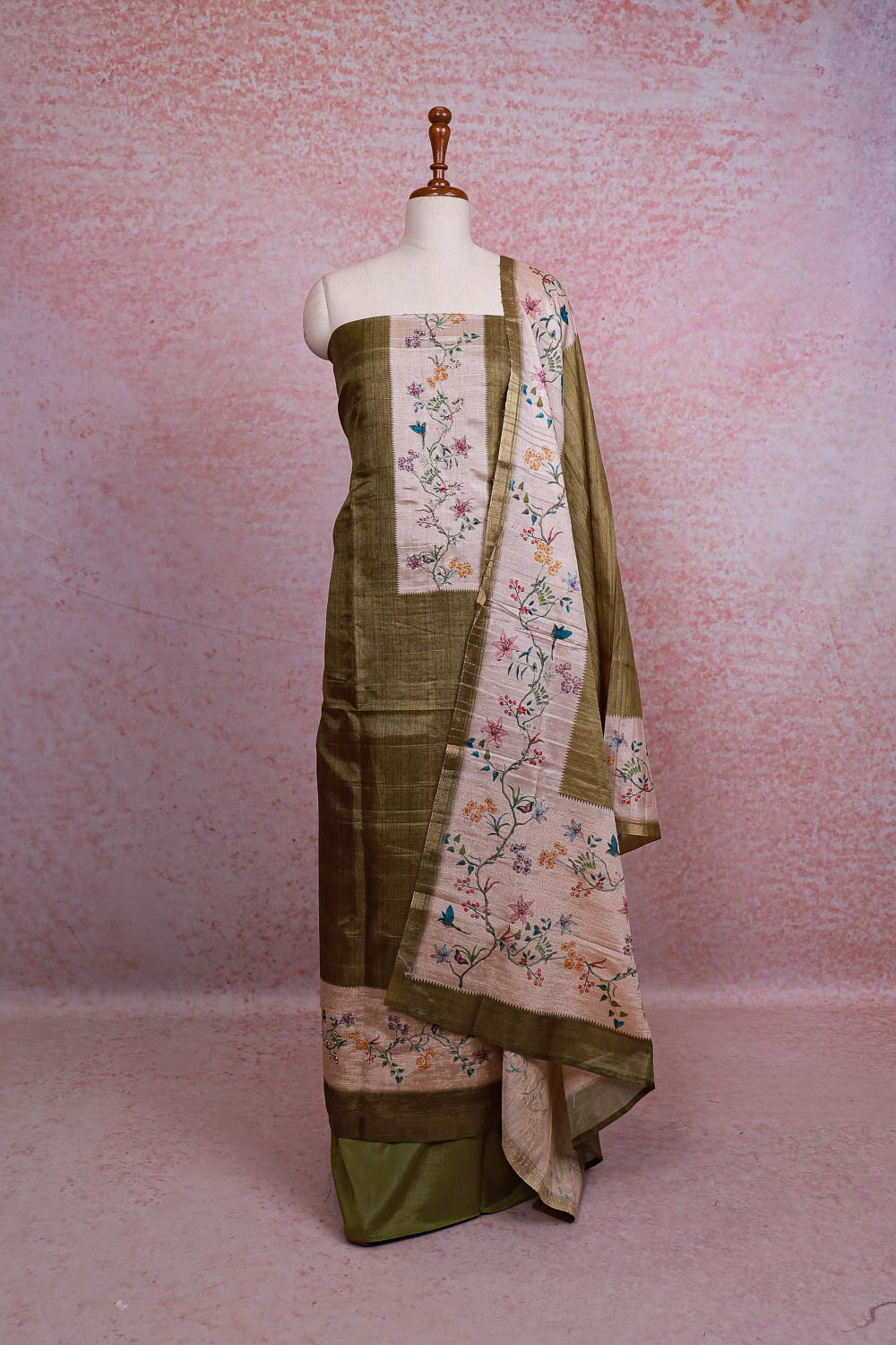 Green Semi Silk Thread Work Unstitched Churidhar Material
