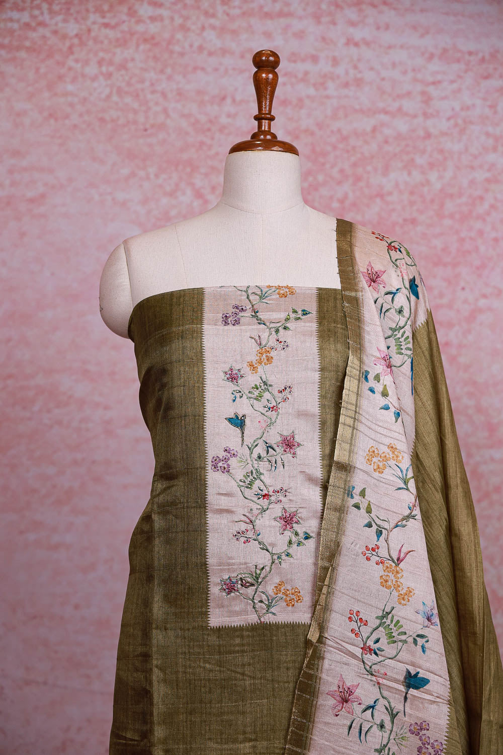 Green Semi Silk Thread Work Unstitched Churidhar Material