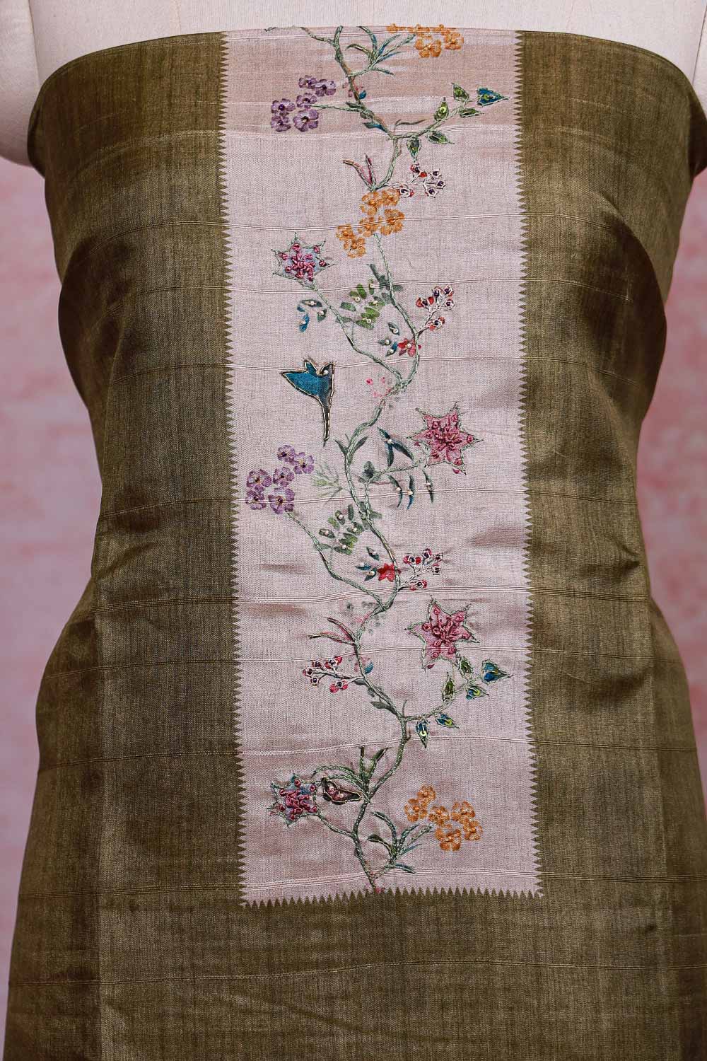 Green Semi Silk Thread Work Unstitched Churidhar Material