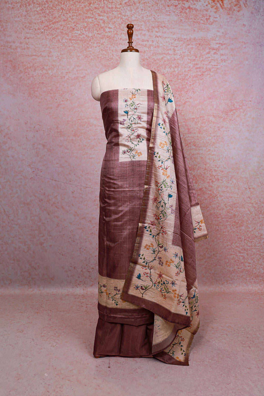 Onion Color Semi Tussar Printed Unstitched Churidhar Material