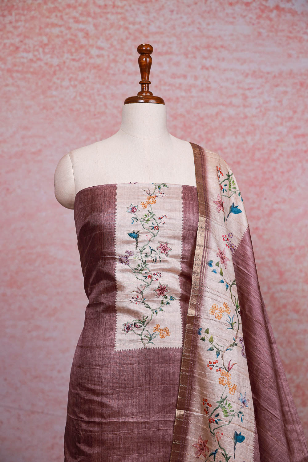 Onion Color Semi Tussar Printed Unstitched Churidhar Material
