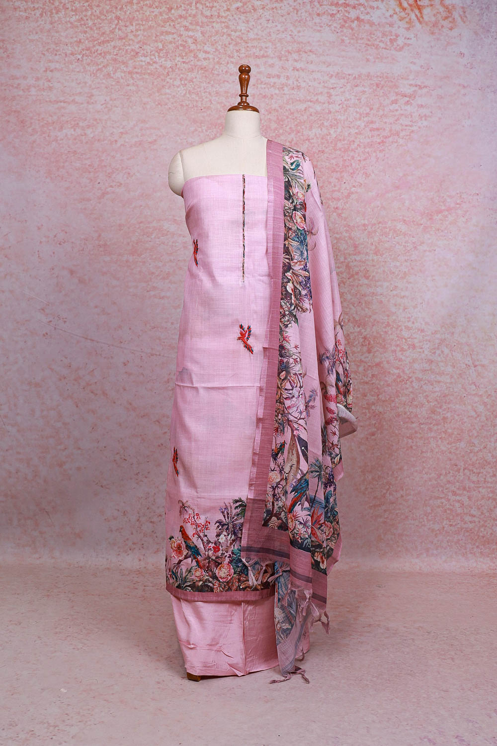 Pink Linen Printed Unstitched Churidhar Material