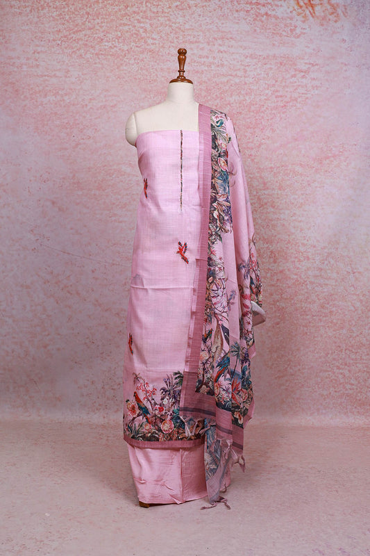 Pink Linen Printed Unstitched Churidhar Material - Seematti