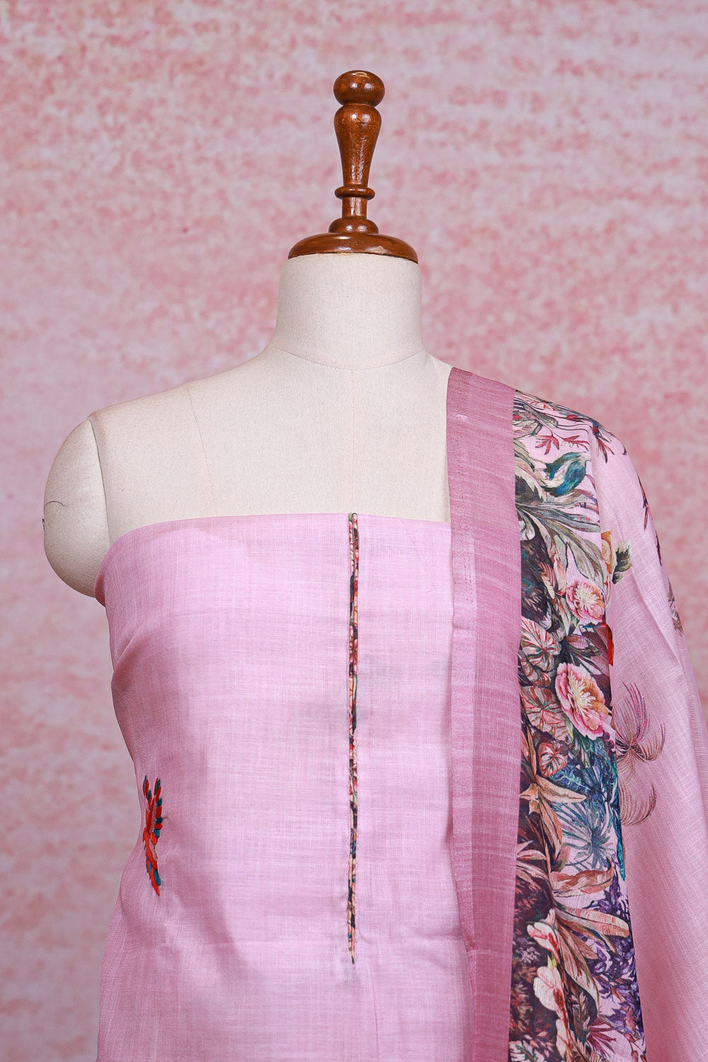 Pink Linen Printed Unstitched Churidhar Material