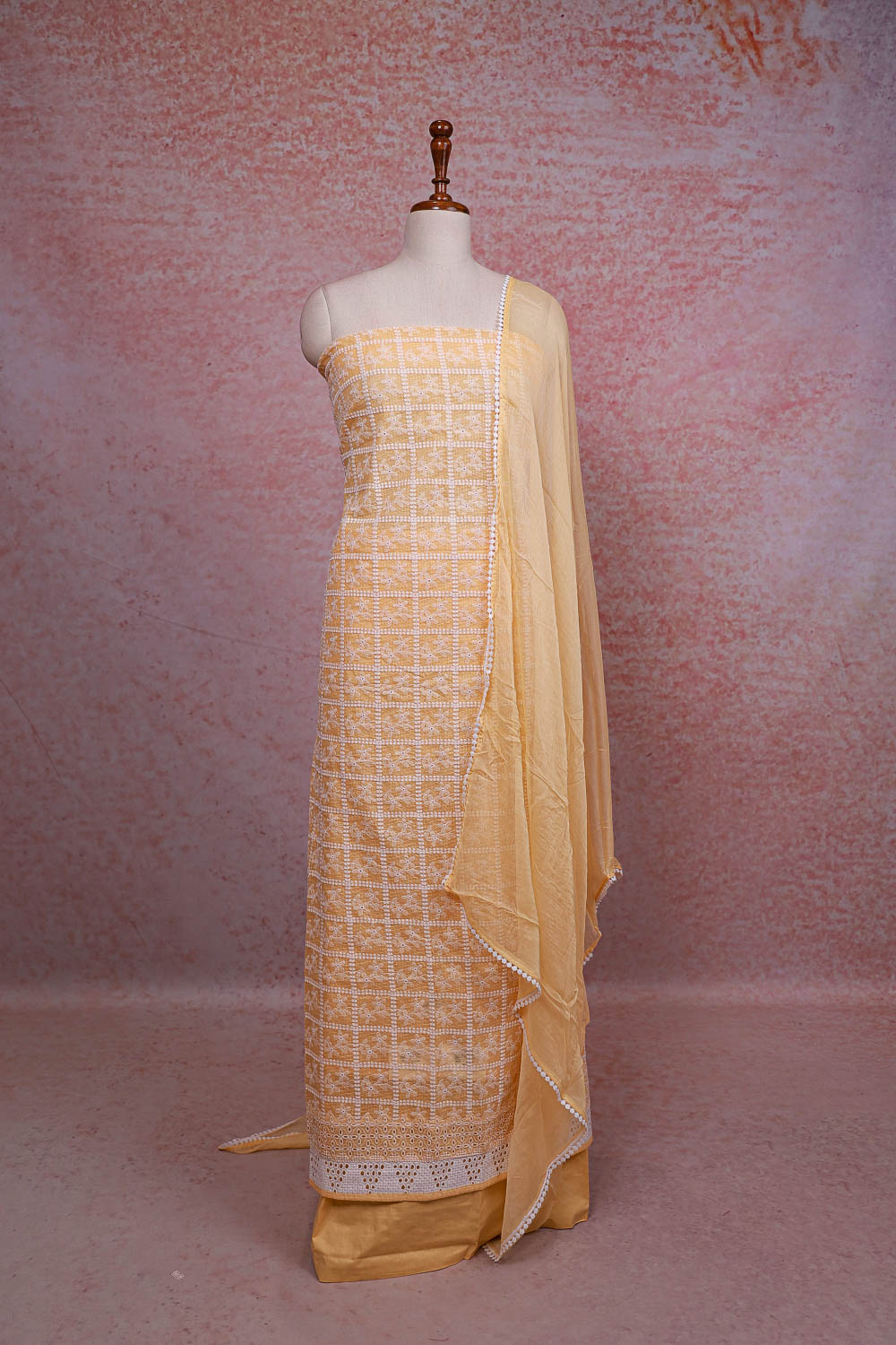 Pastel Orange Kota Embroidery Unstitched Churidhar Material