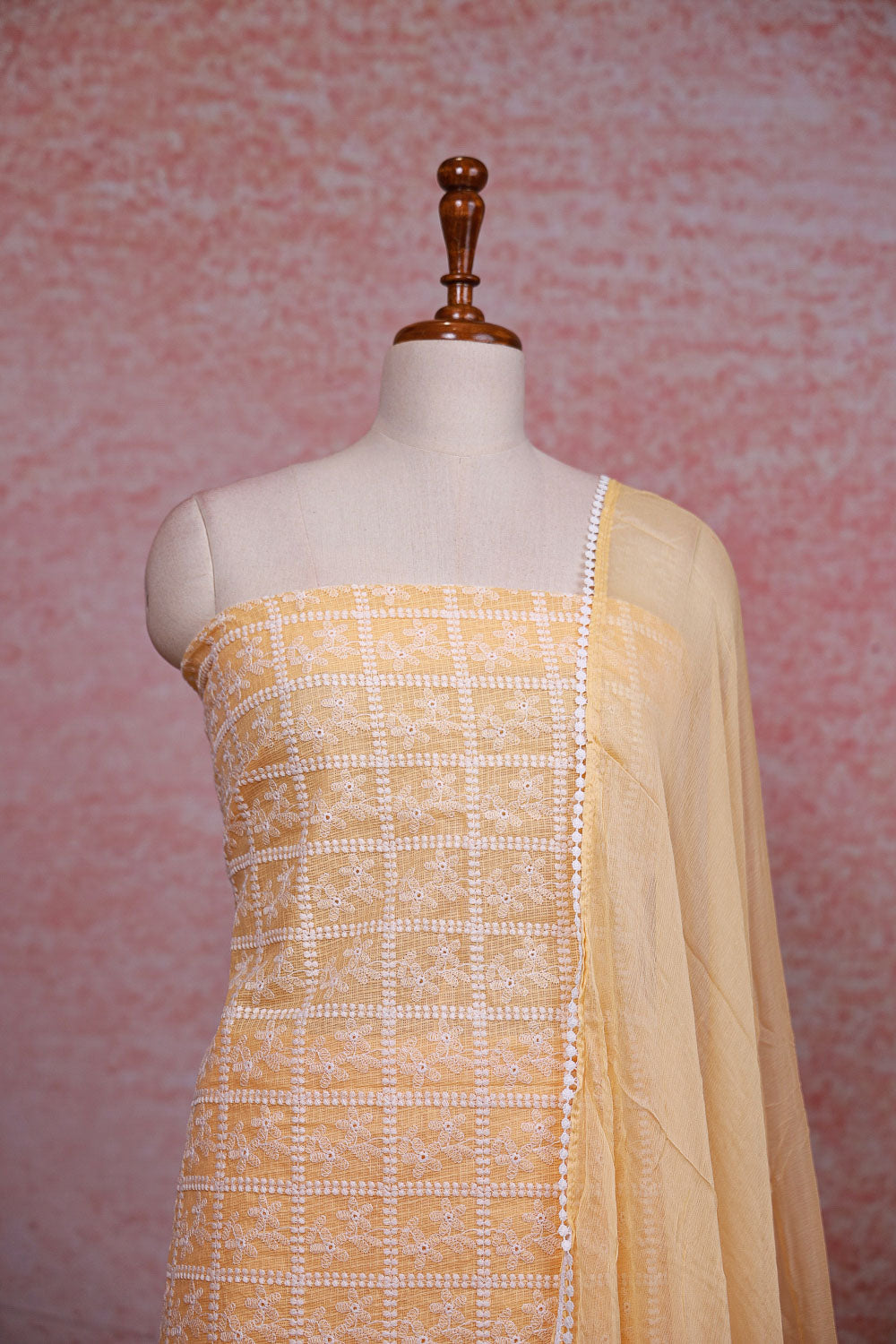 Pastel Orange Kota Embroidery Unstitched Churidhar Material