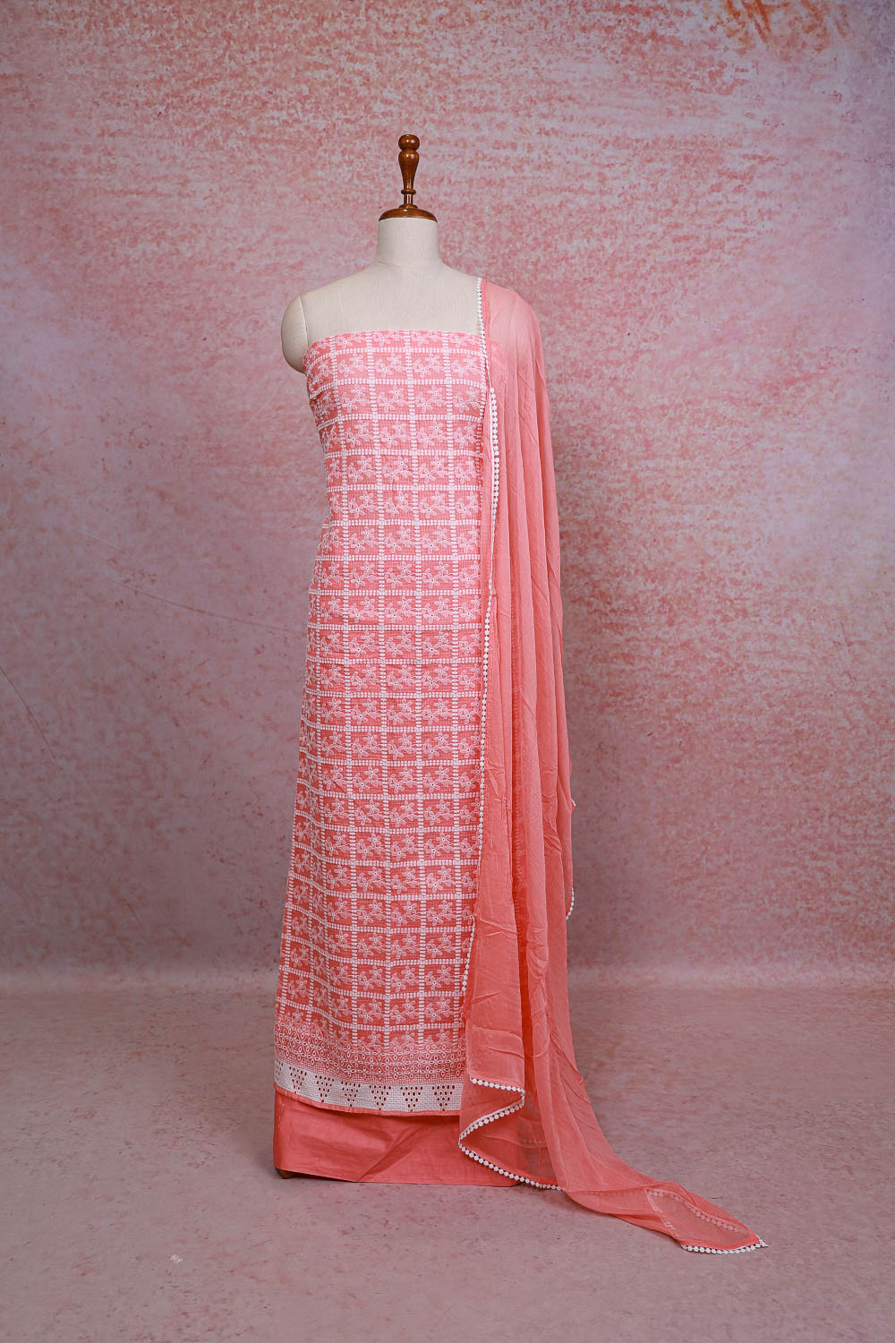 Peach Kota Embroidery Unstitched Churidhar Material