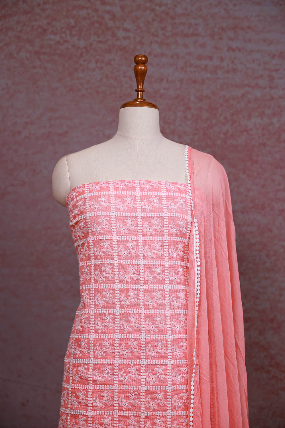 Peach Kota Embroidery Unstitched Churidhar Material