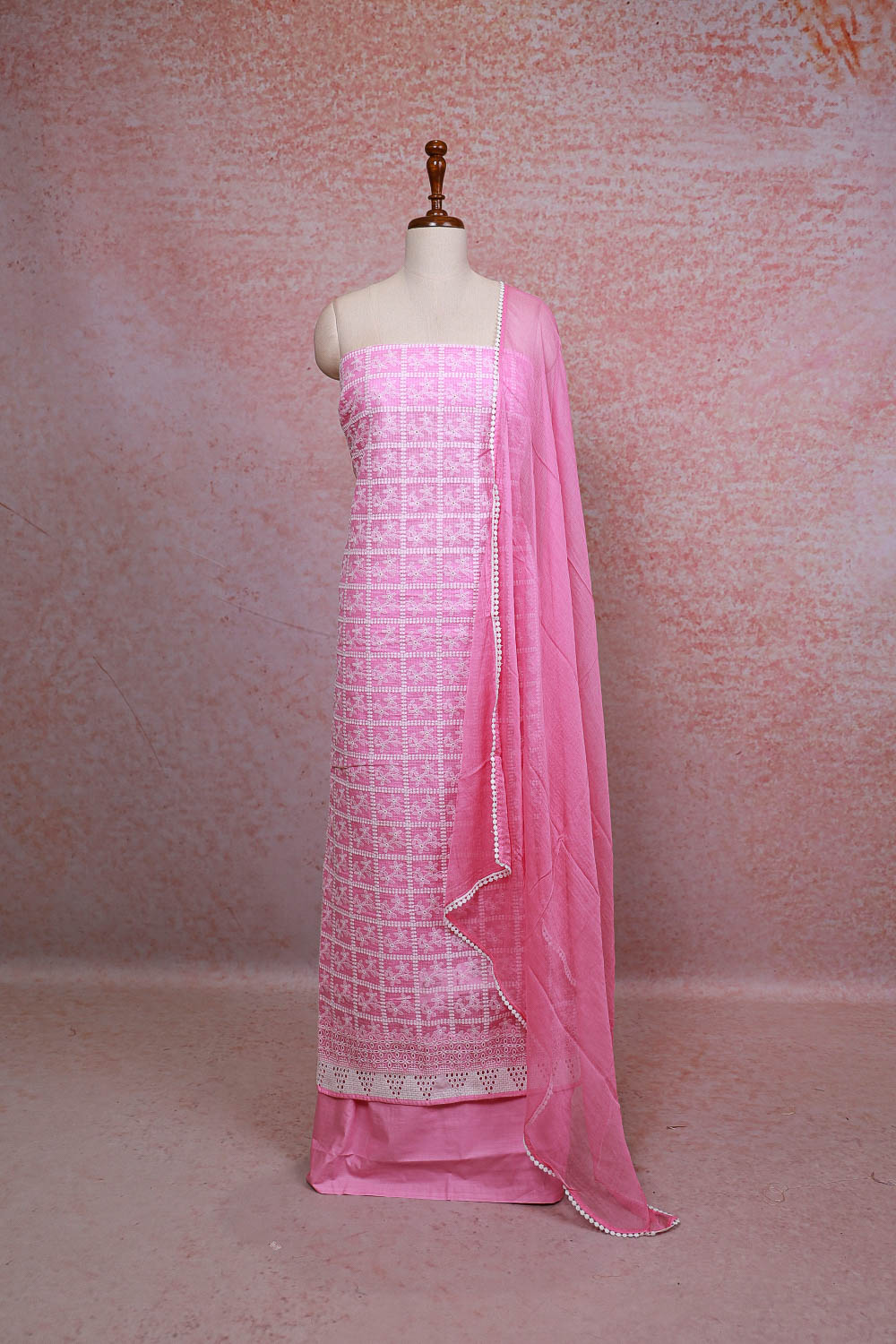 Cotton Candy Rose Kota Embroidery Unstitched Churidhar Material