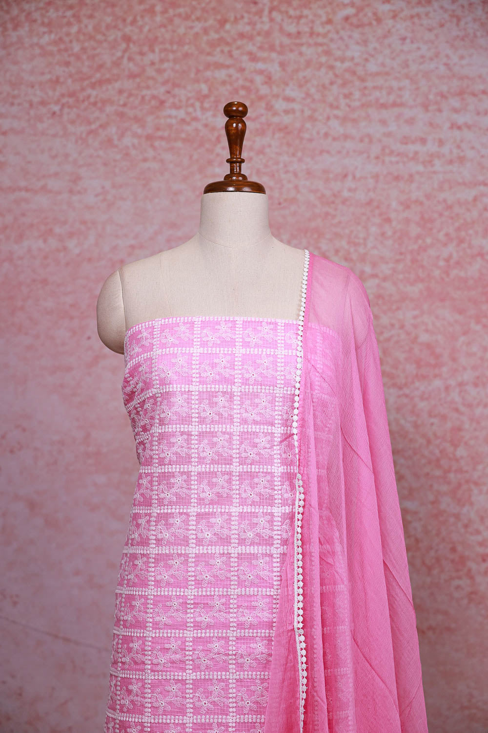 Cotton Candy Rose Kota Embroidery Unstitched Churidhar Material