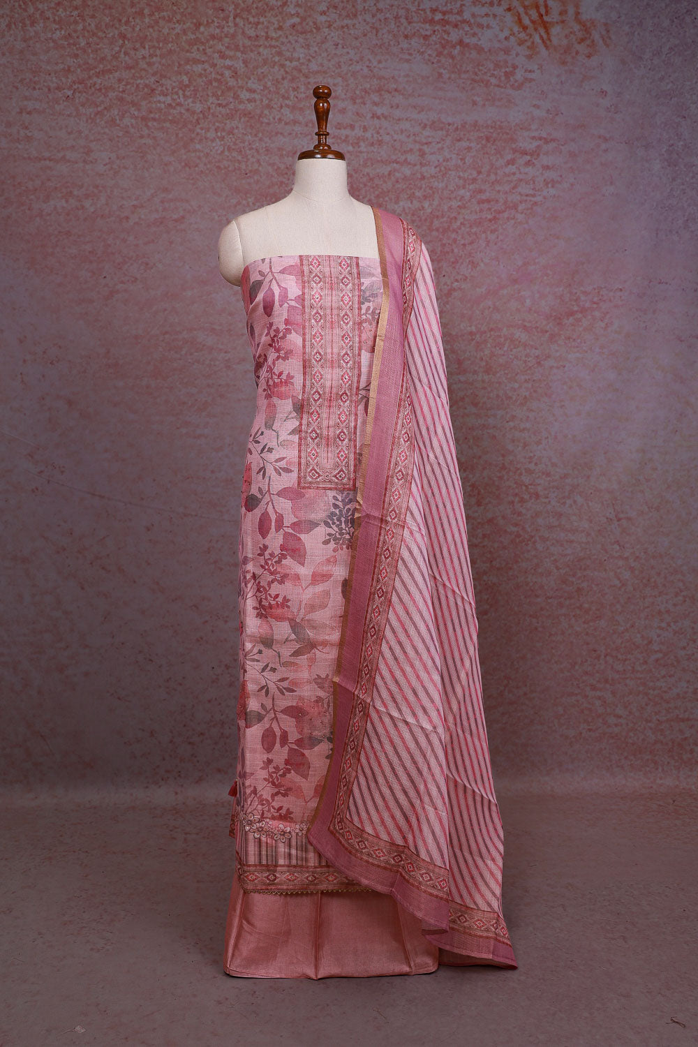 Pink Chanderi Tissue Printed Unstitched Churidhar Material