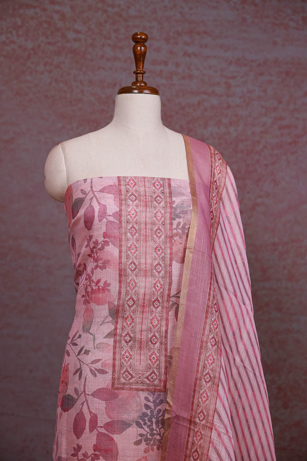 Pink Chanderi Tissue Printed Unstitched Churidhar Material