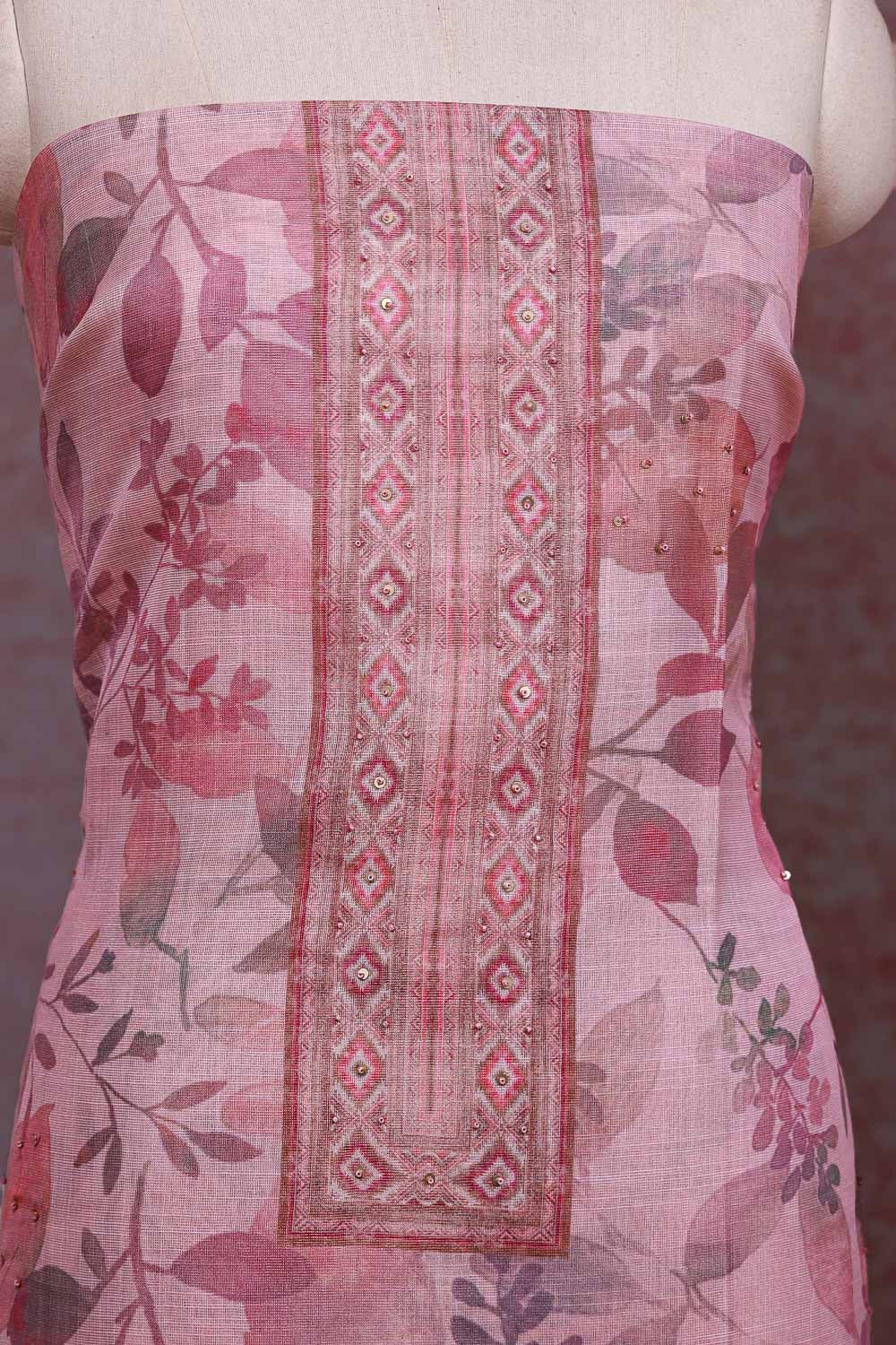 Pink Chanderi Tissue Printed Unstitched Churidhar Material