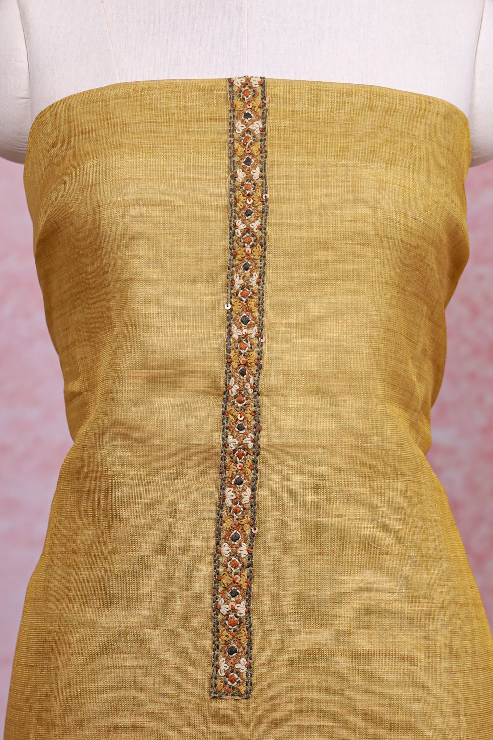 Golden Chanderi Tissue Kantha Stitched Unstitched Churidhar Material