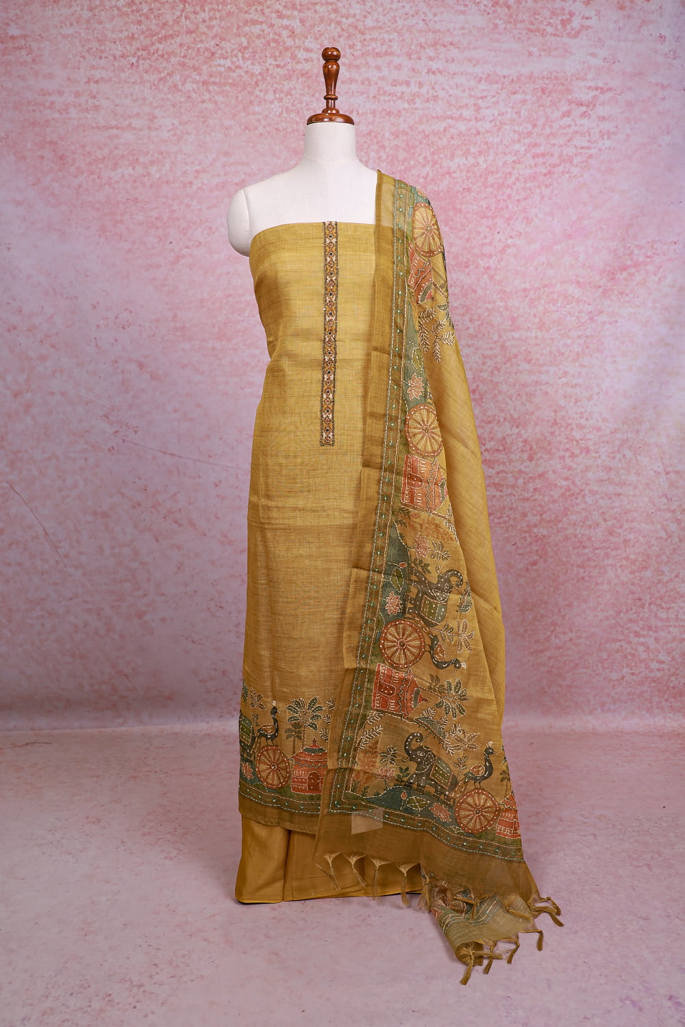 Golden Chanderi Tissue Kantha Stitched Unstitched Churidhar Material