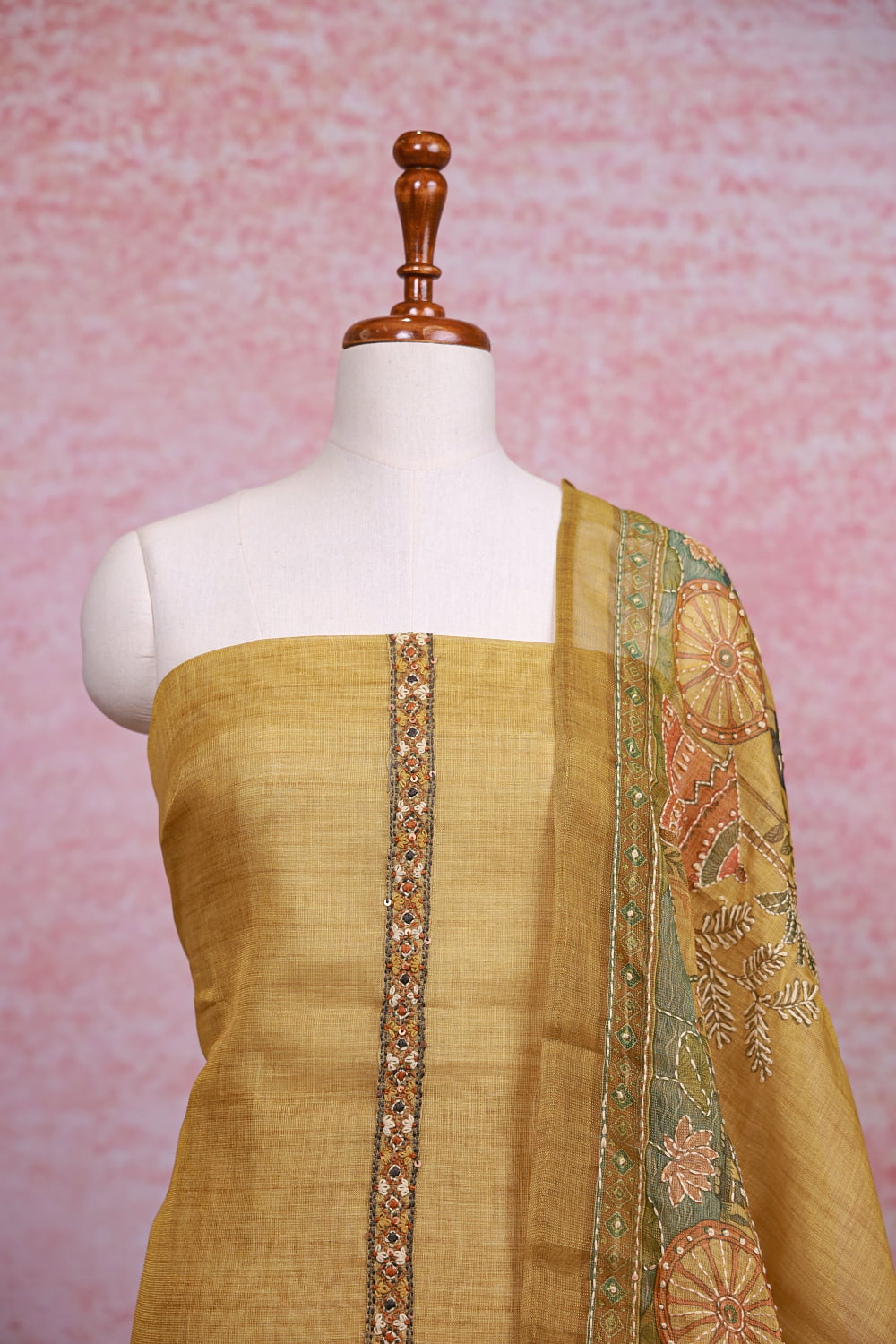 Golden Chanderi Tissue Kantha Stitched Unstitched Churidhar Material