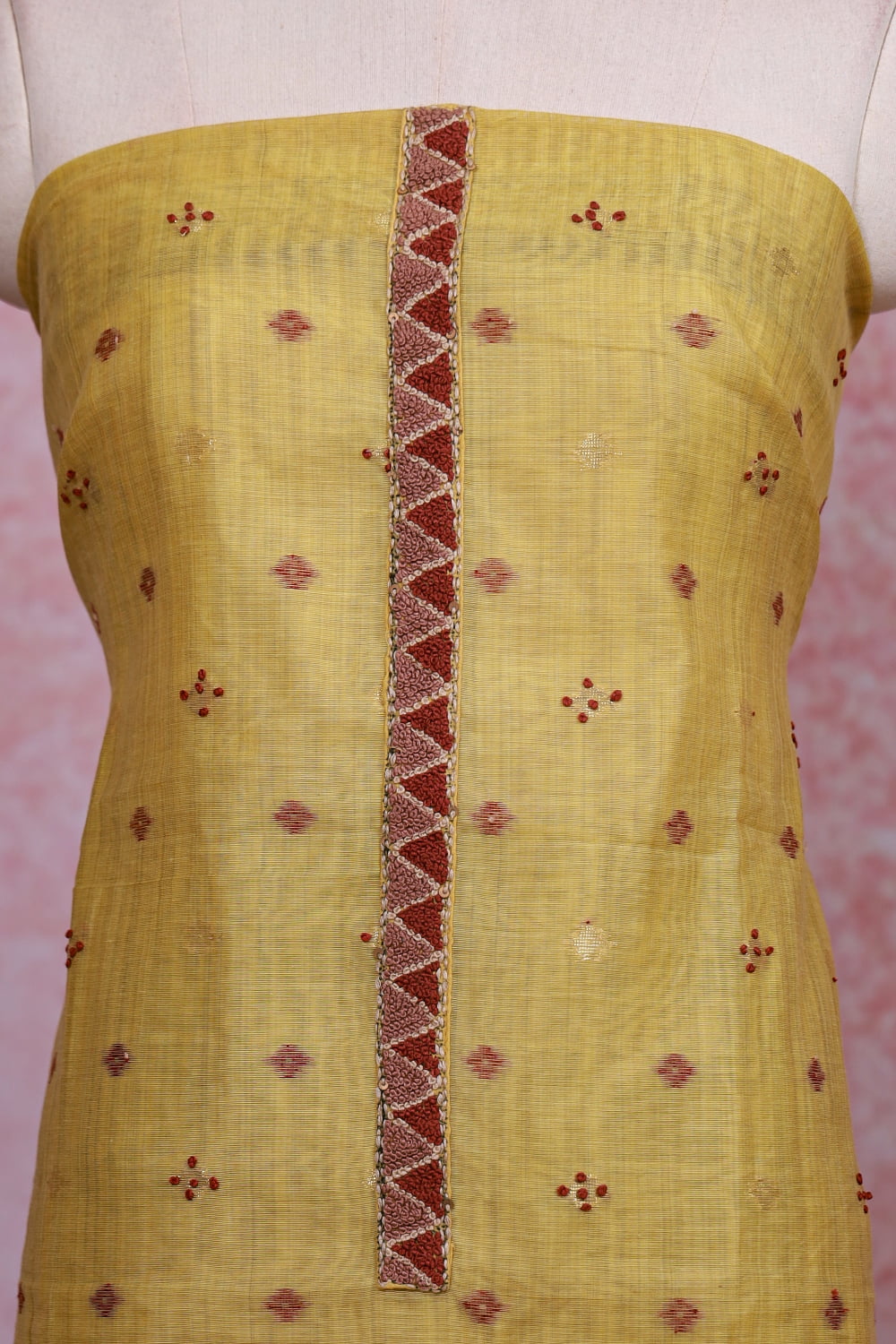 Lemon Yellow Chanderi Kantha Stitched Unstitched Churidhar Material