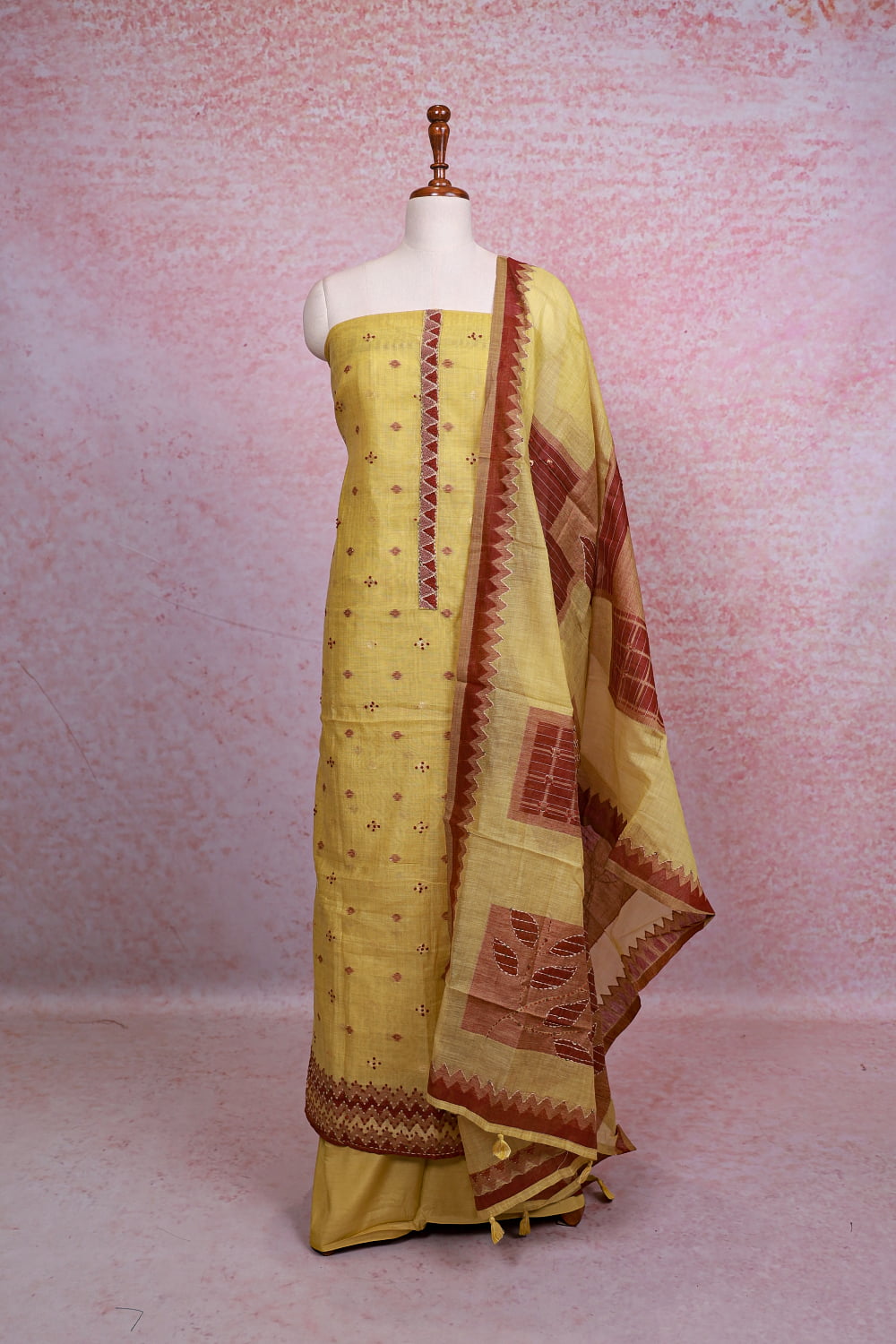 Lemon Yellow Chanderi Kantha Stitched Unstitched Churidhar Material