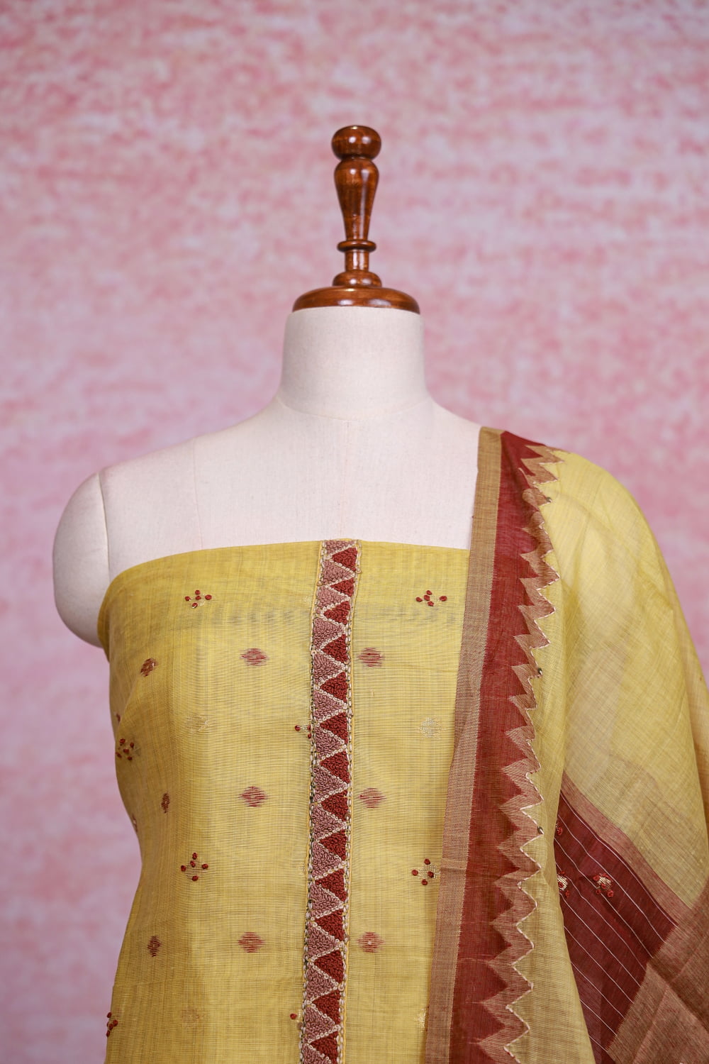 Lemon Yellow Chanderi Kantha Stitched Unstitched Churidhar Material