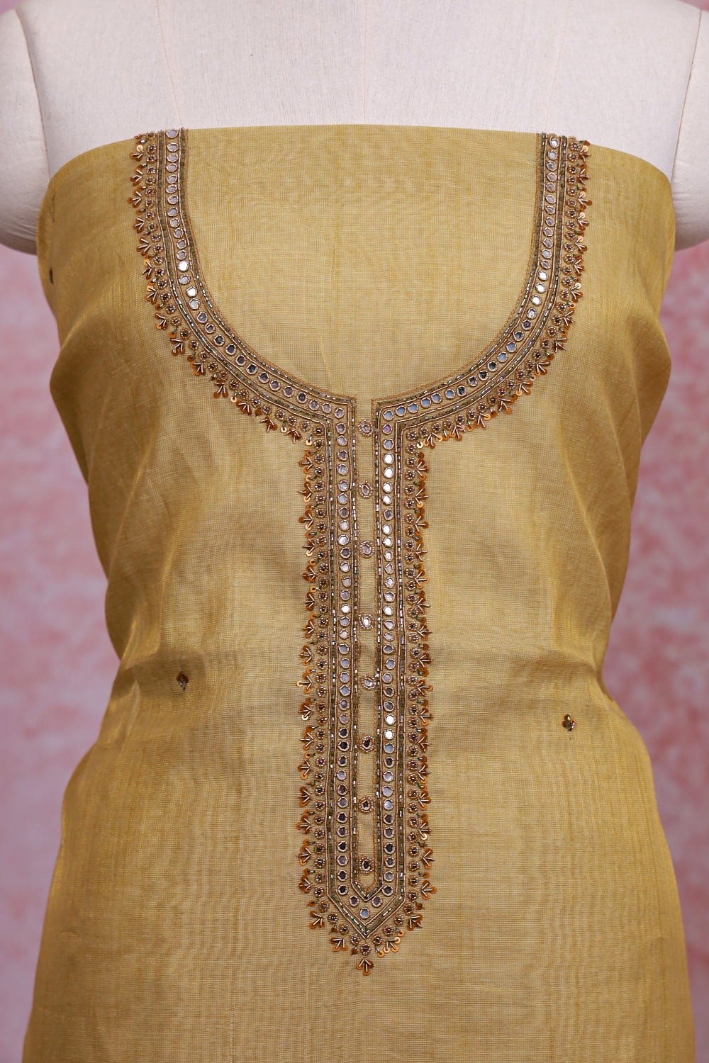 Golden Chanderi Tissue Beads Work Unstitched Churidhar Material