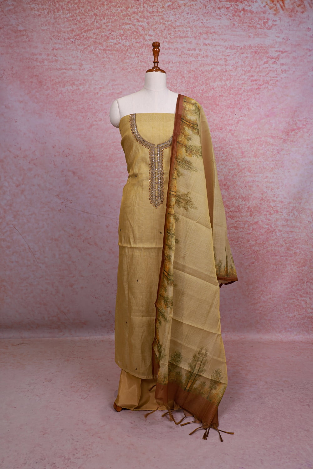 Golden Chanderi Tissue Beads Work Unstitched Churidhar Material