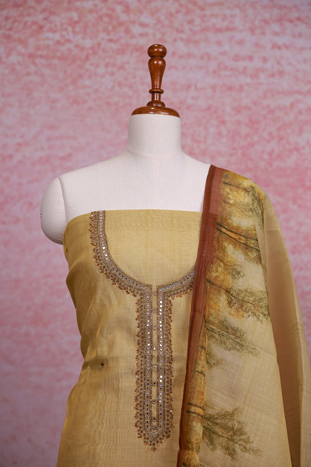 Golden Chanderi Tissue Beads Work Unstitched Churidhar Material