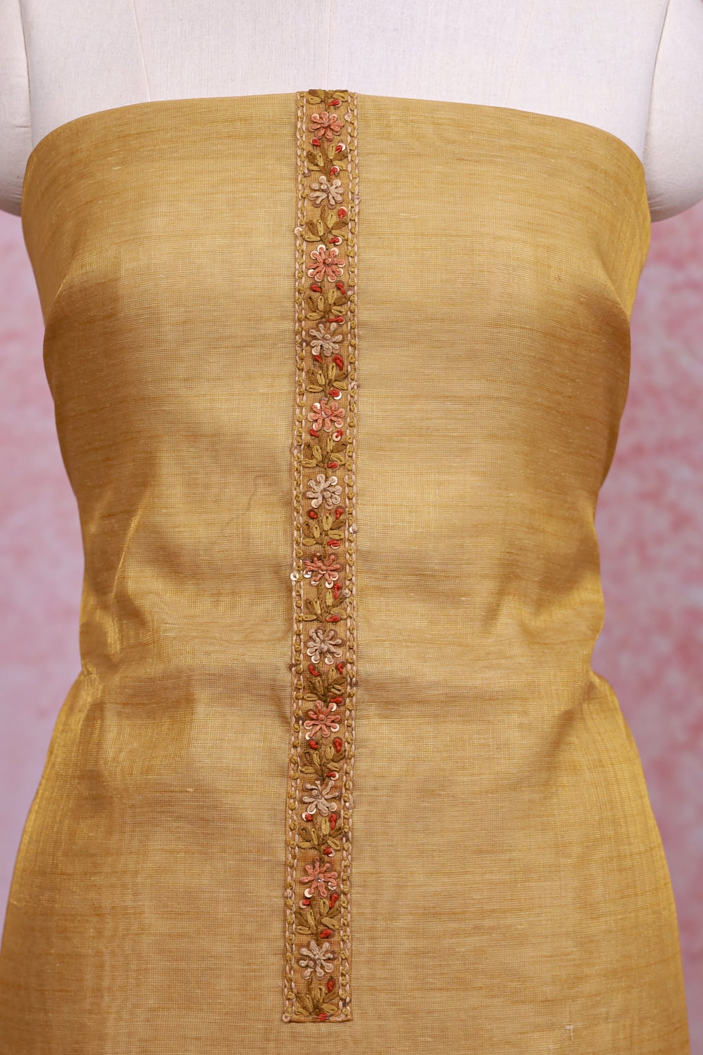 Golden Chanderi Tissue Kantha Stitched Unstitched Churidhar Material