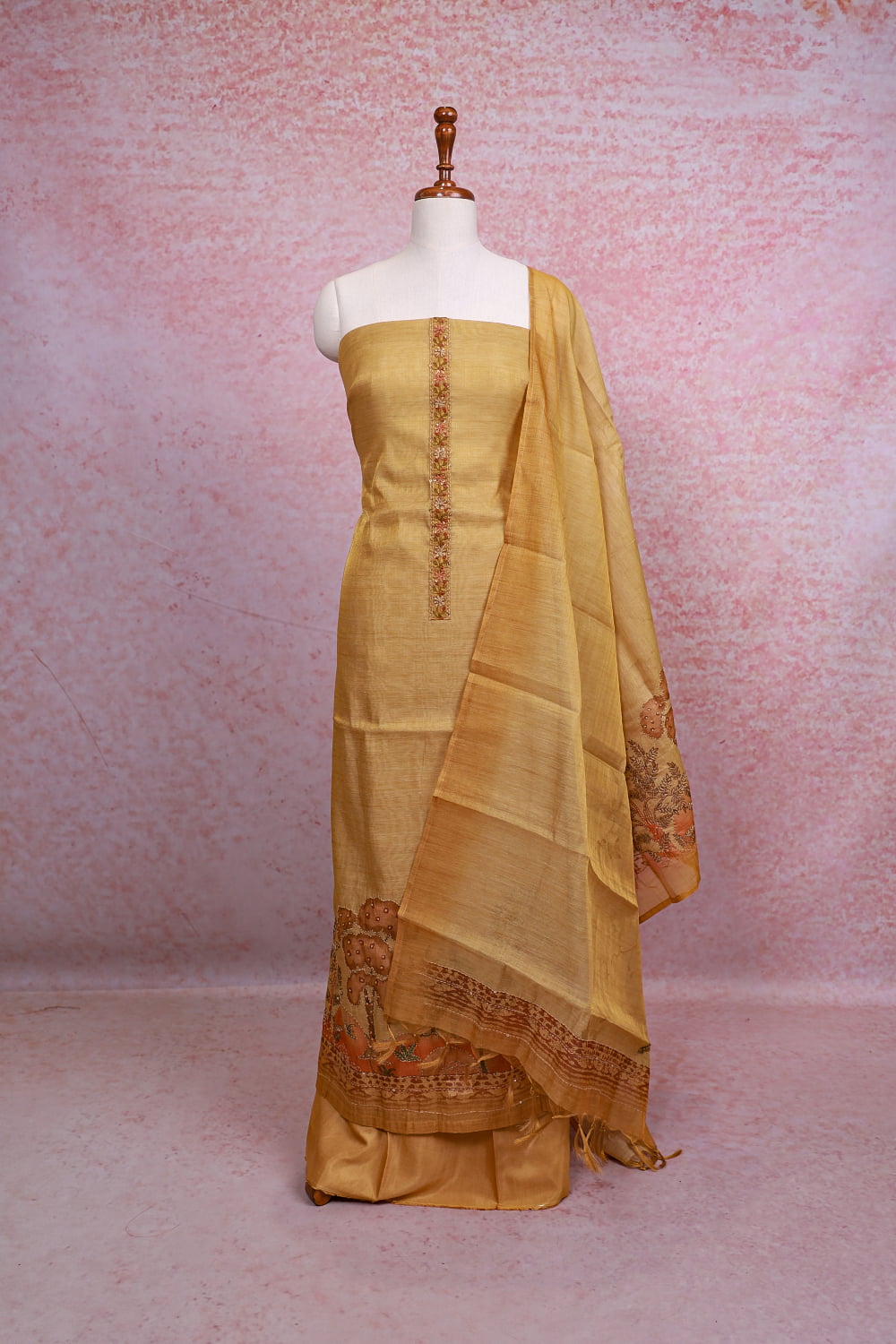 Golden Chanderi Tissue Kantha Stitched Unstitched Churidhar Material