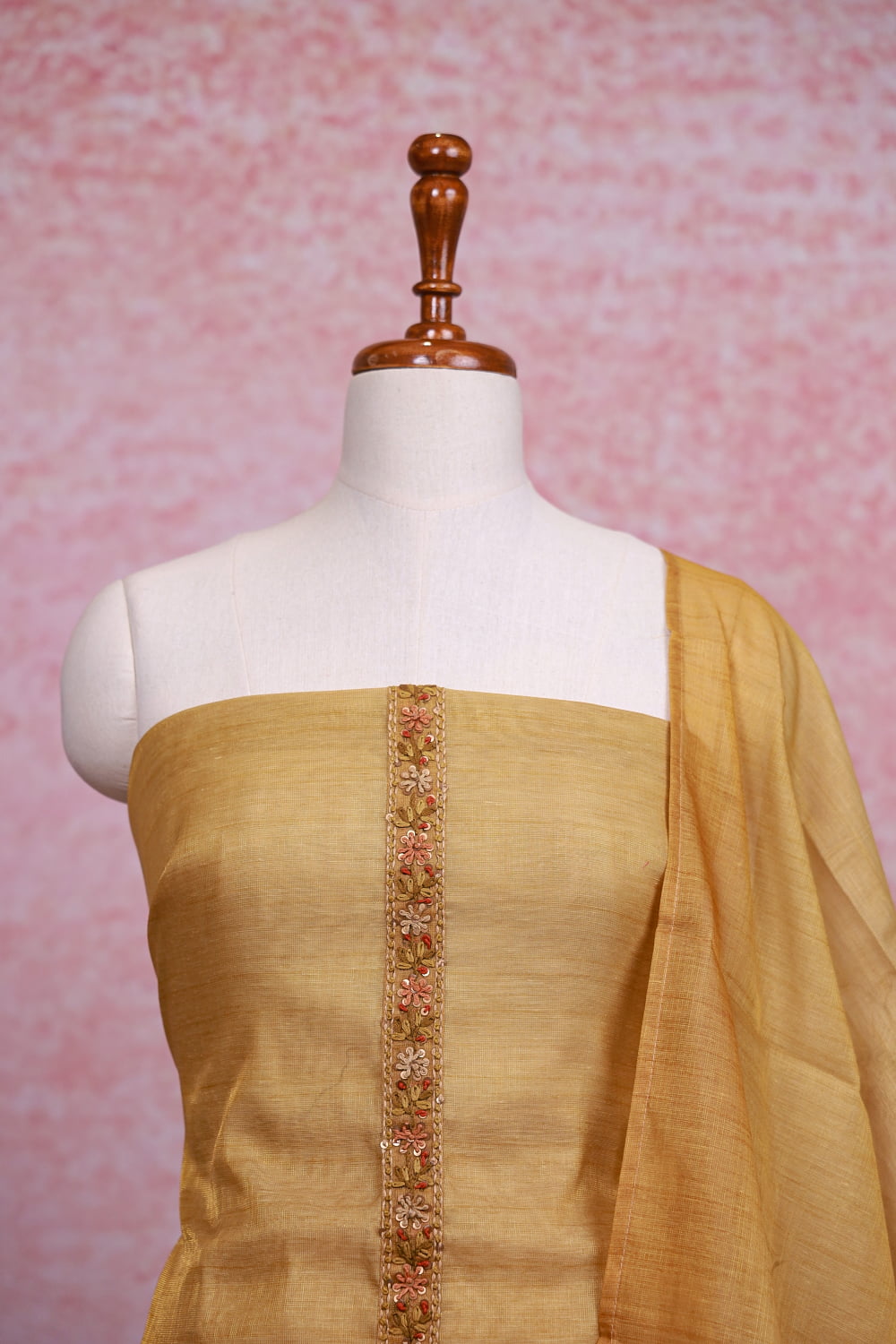 Golden Chanderi Tissue Kantha Stitched Unstitched Churidhar Material