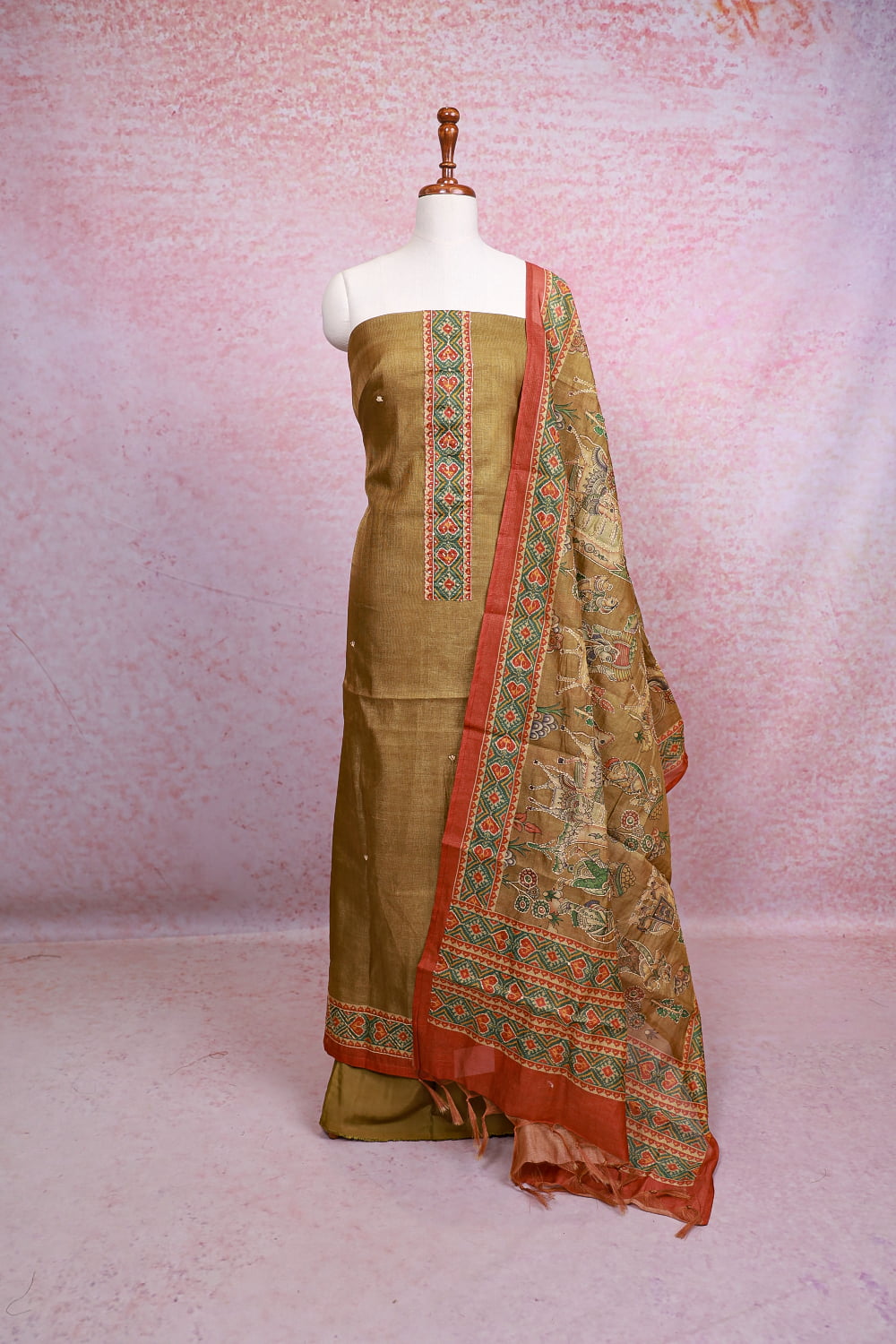 Mehandi Green Chanderi Tissue Plain Unstitched Churidhar Material