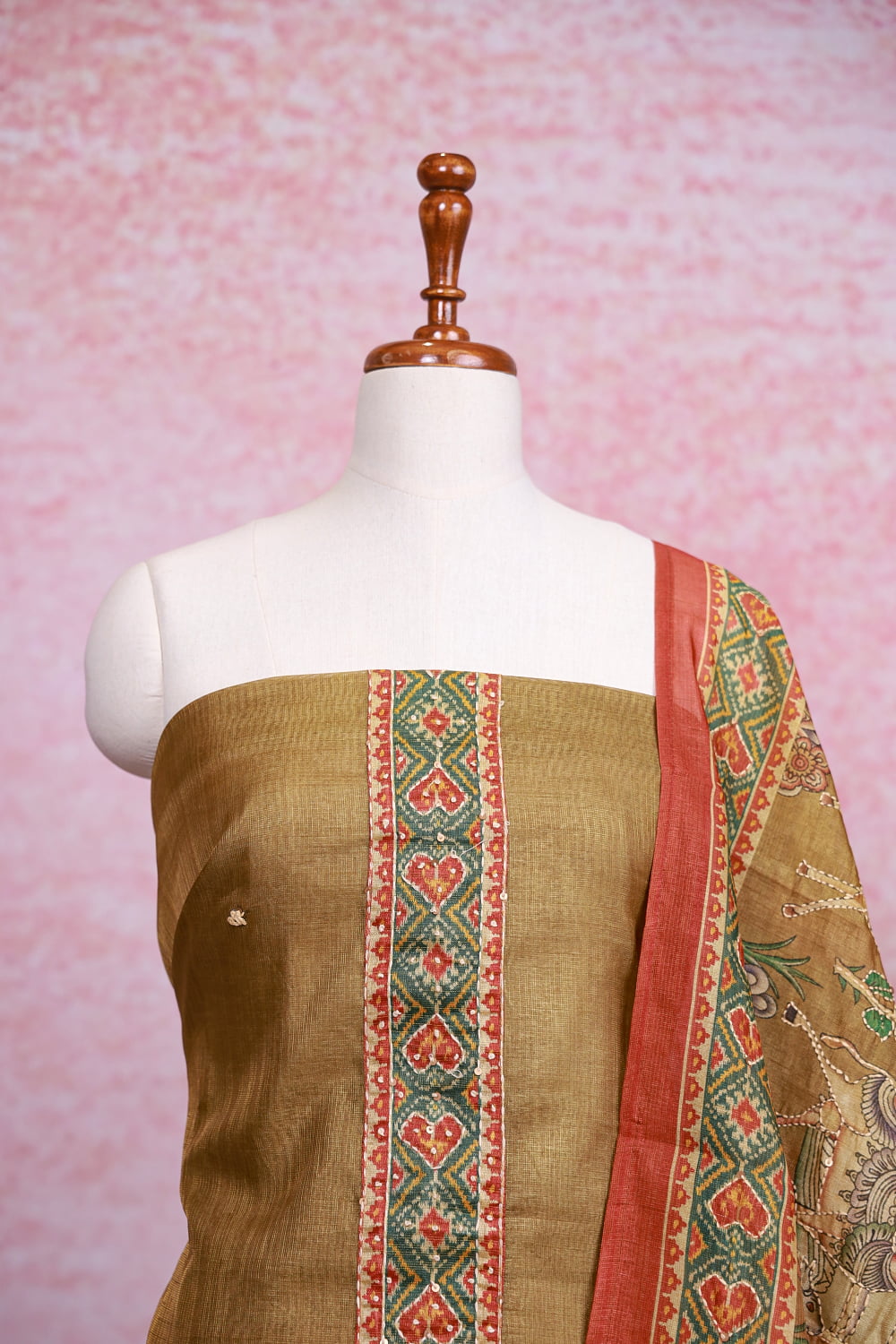 Mehandi Green Chanderi Tissue Plain Unstitched Churidhar Material