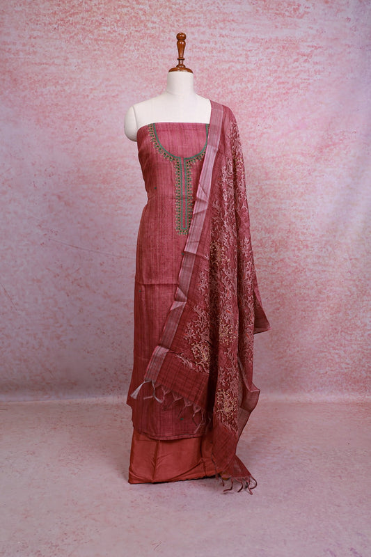 Onion Pink Chanderi Tissue Butta Worked Unstitched Churidhar Material - Seematti