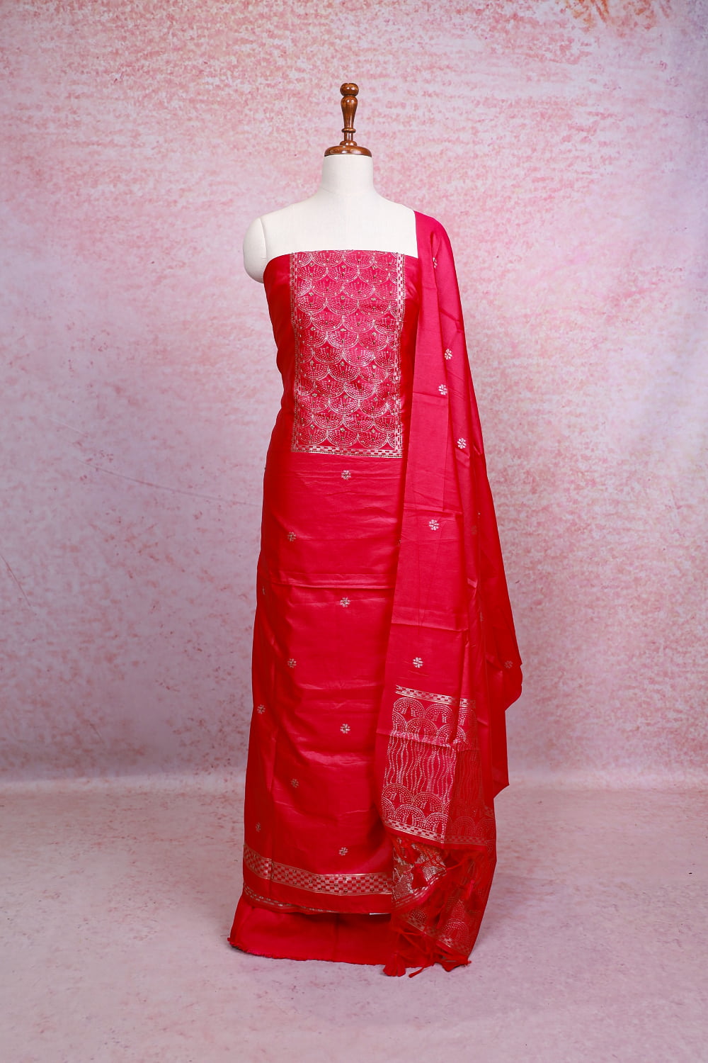 Rani Pink Chanderi Silk Banarasi Design Unstitched Churidhar Material