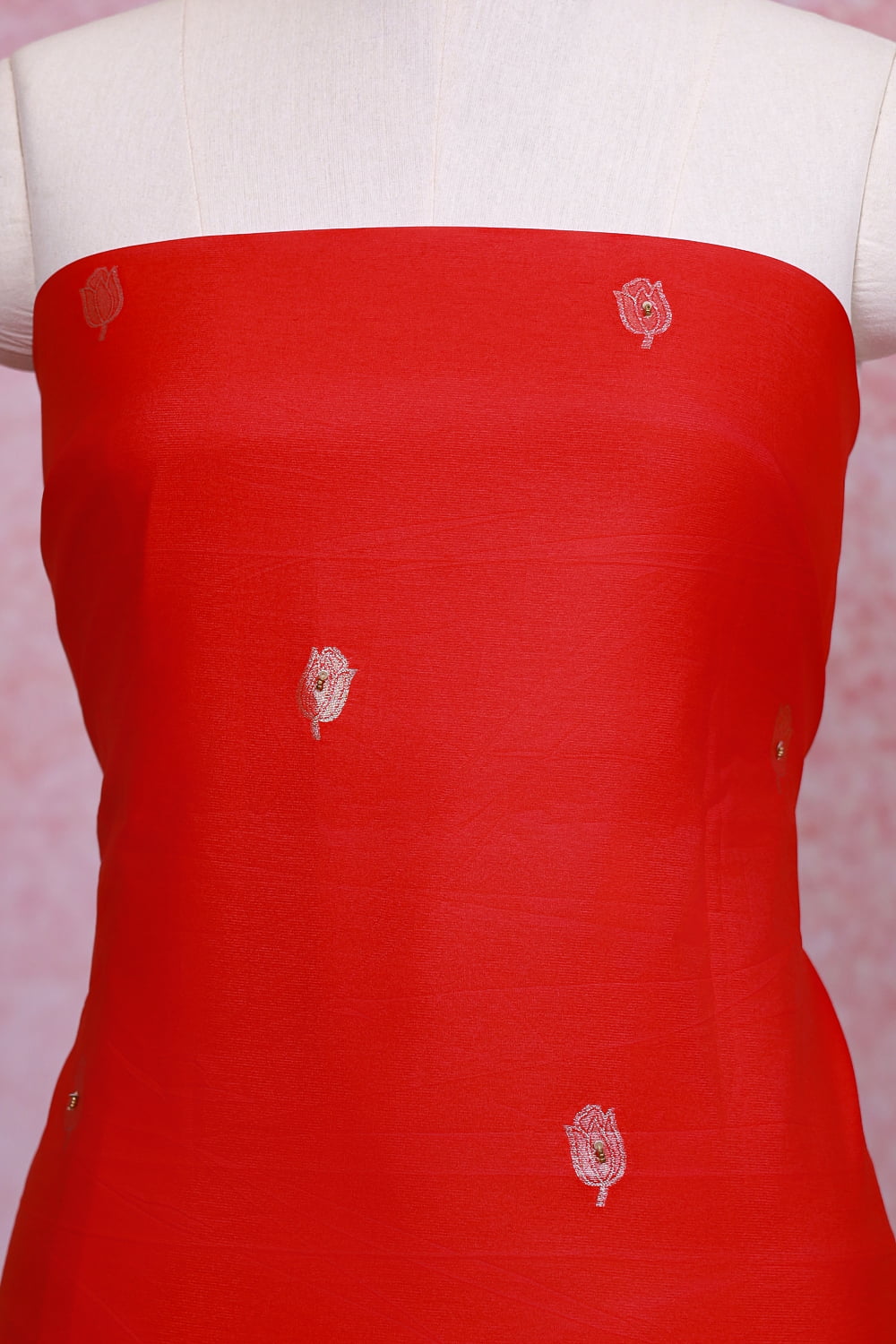 Red Chanderi Banarasi Design Unstitched Churidhar Material