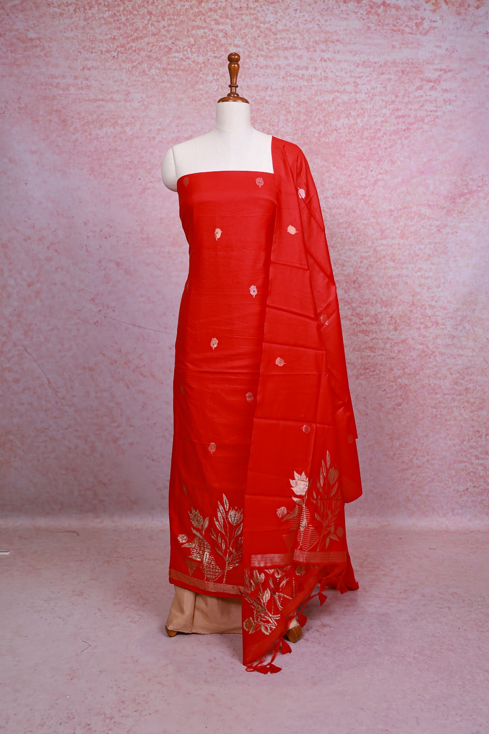 Red Chanderi Banarasi Design Unstitched Churidhar Material