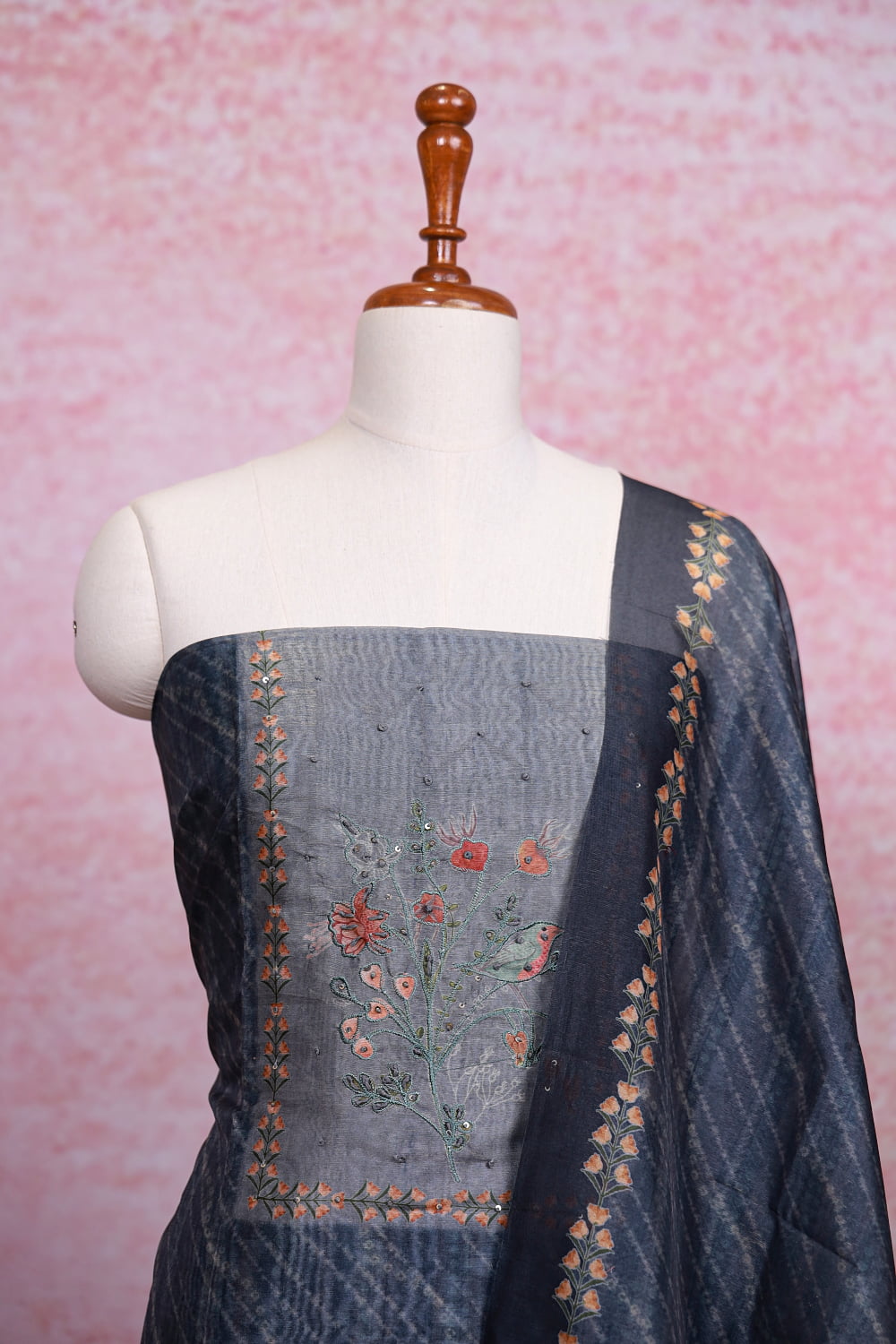 Ash Semi Silk Printed Unstitched Churidhar Material