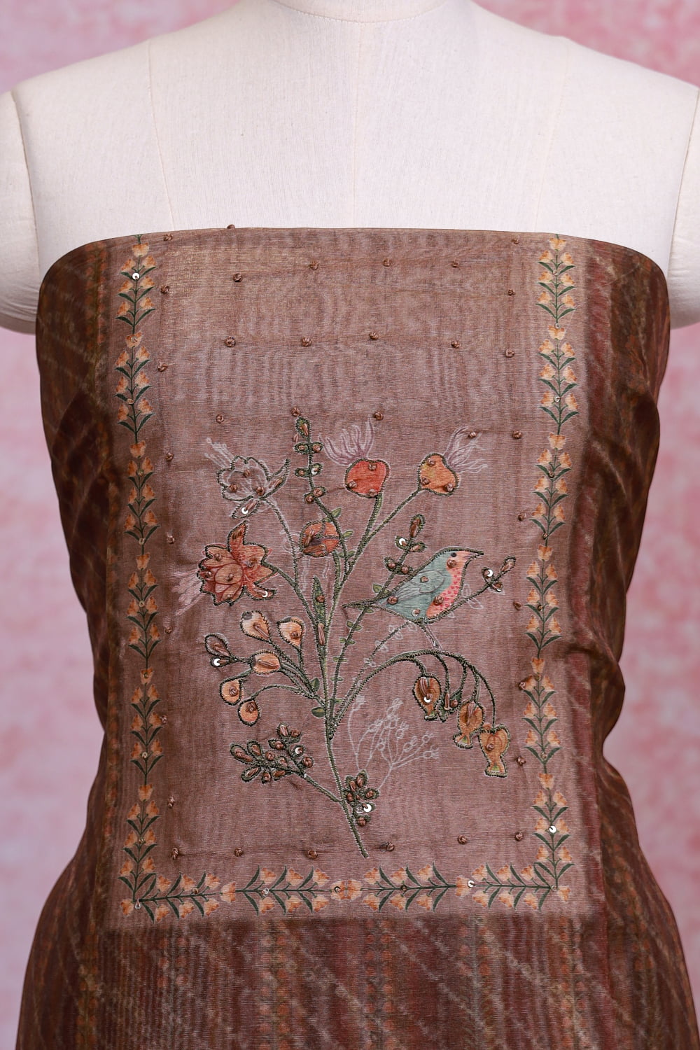Brown Semi Silk Printed Unstitched Churidhar Material