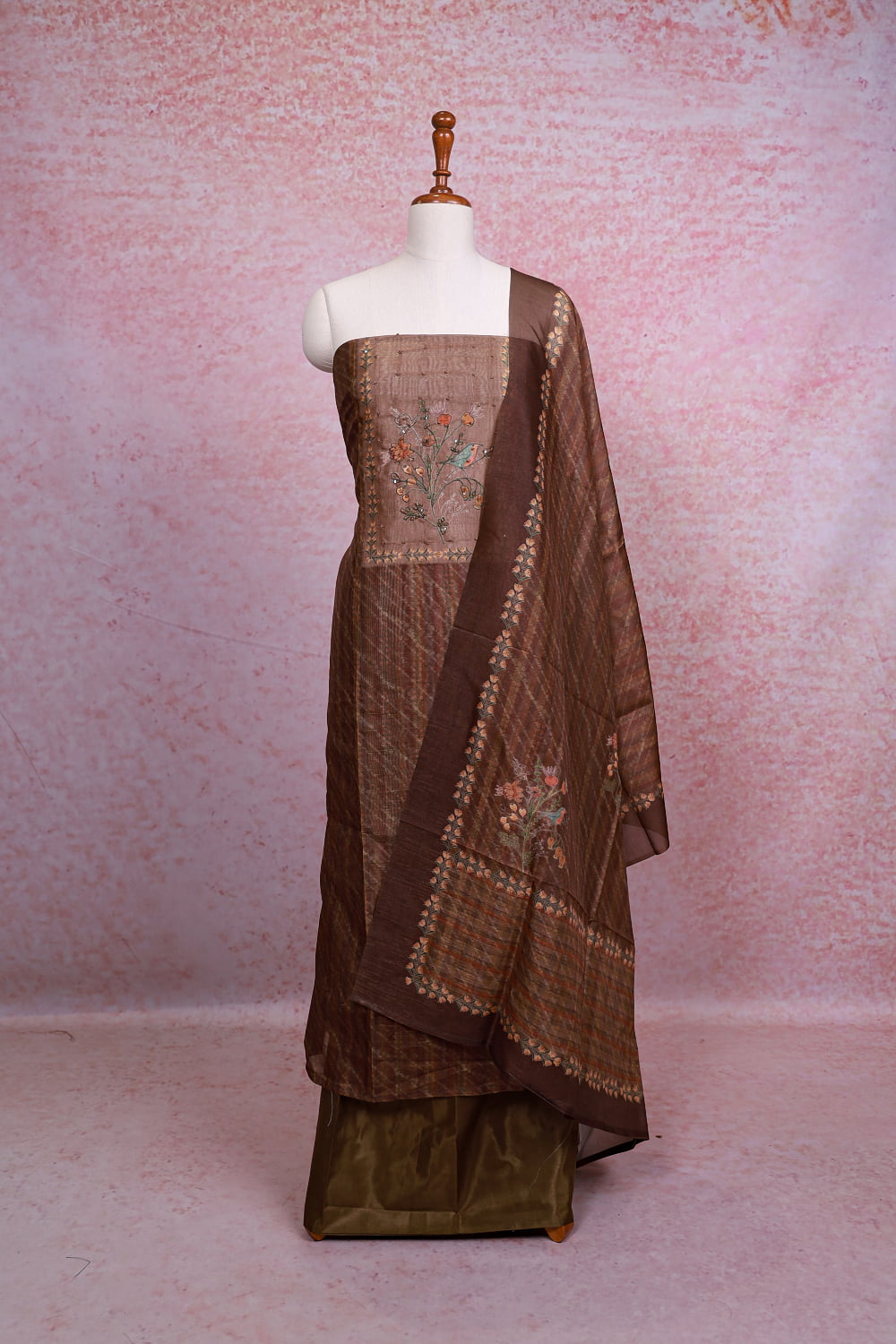 Brown Semi Silk Printed Unstitched Churidhar Material