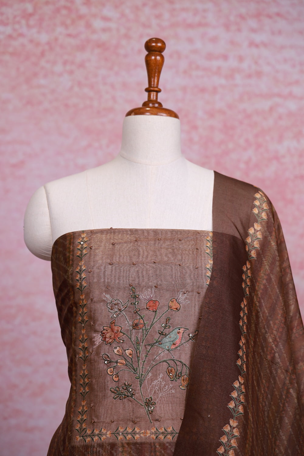 Brown Semi Silk Printed Unstitched Churidhar Material